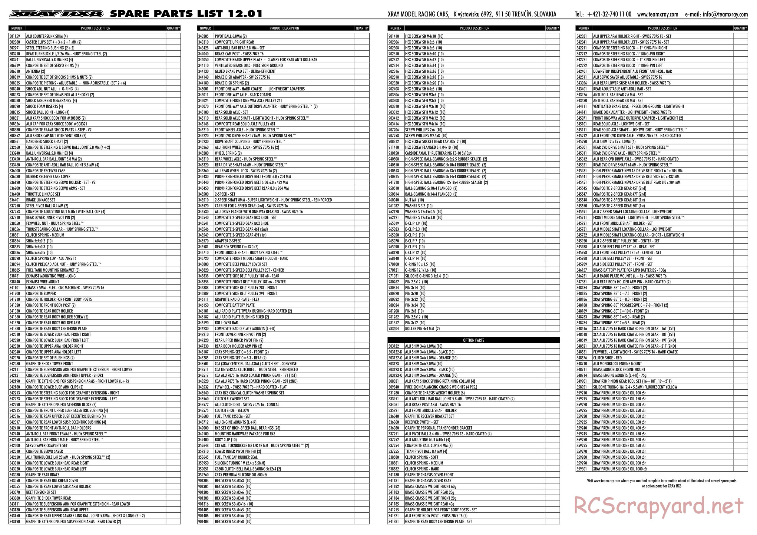 Xray - RX8 2012 Specs (RX8'12) - Parts List