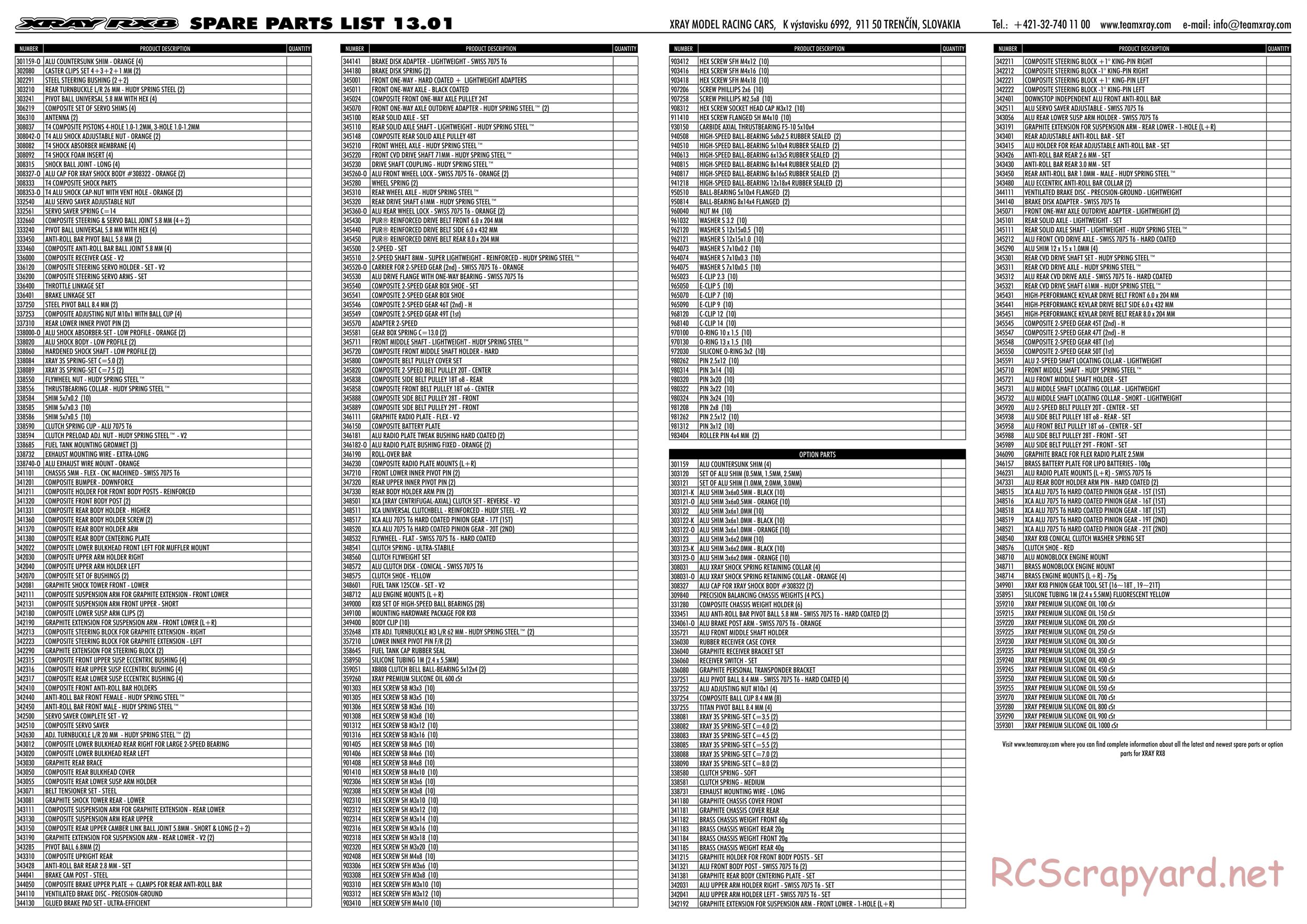 Xray - RX8 2013 Specs (RX8'13) - Parts List