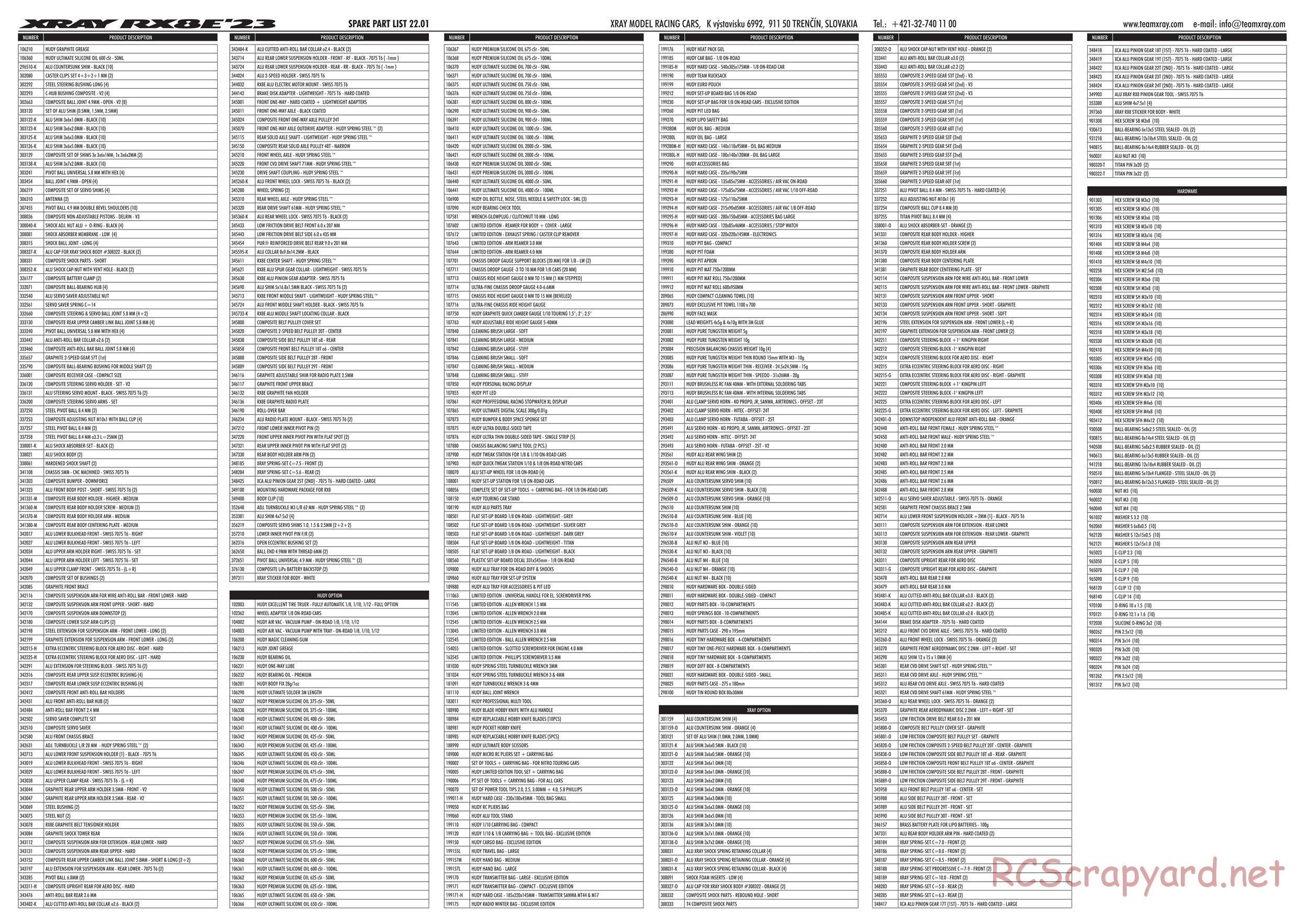 Xray - RX8E 2024 (RX8E'24) - Parts List