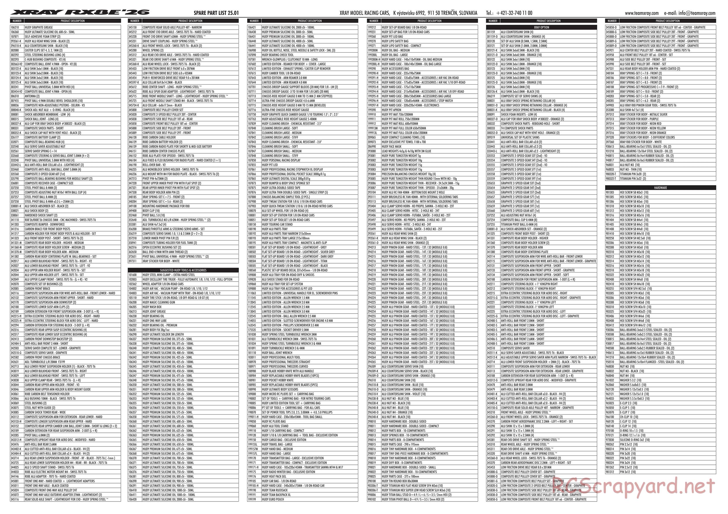 Xray - RX8E 2026 (RX8E'26) - Parts List