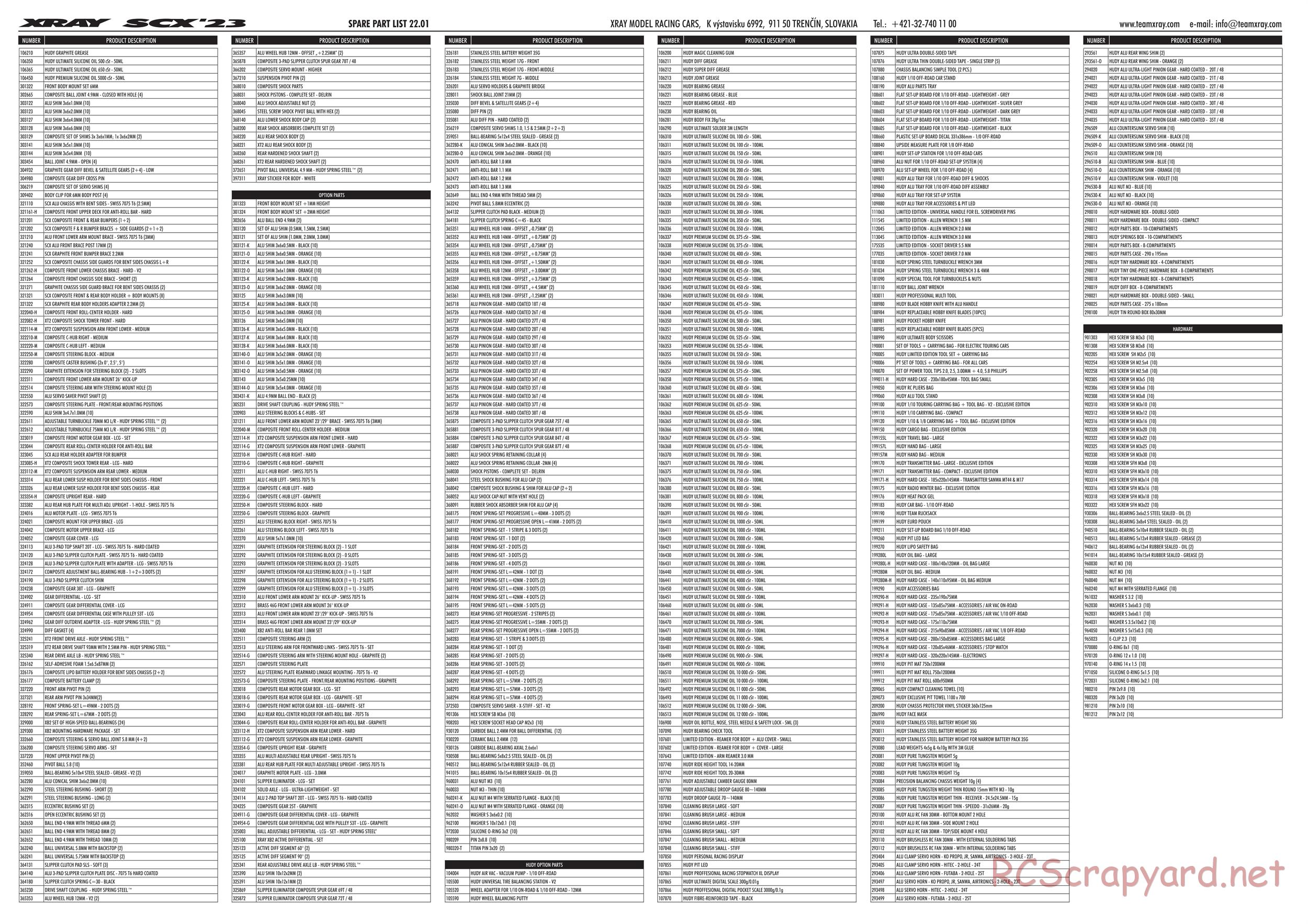 Xray - SCX 2023 (SCX'23) - Parts List
