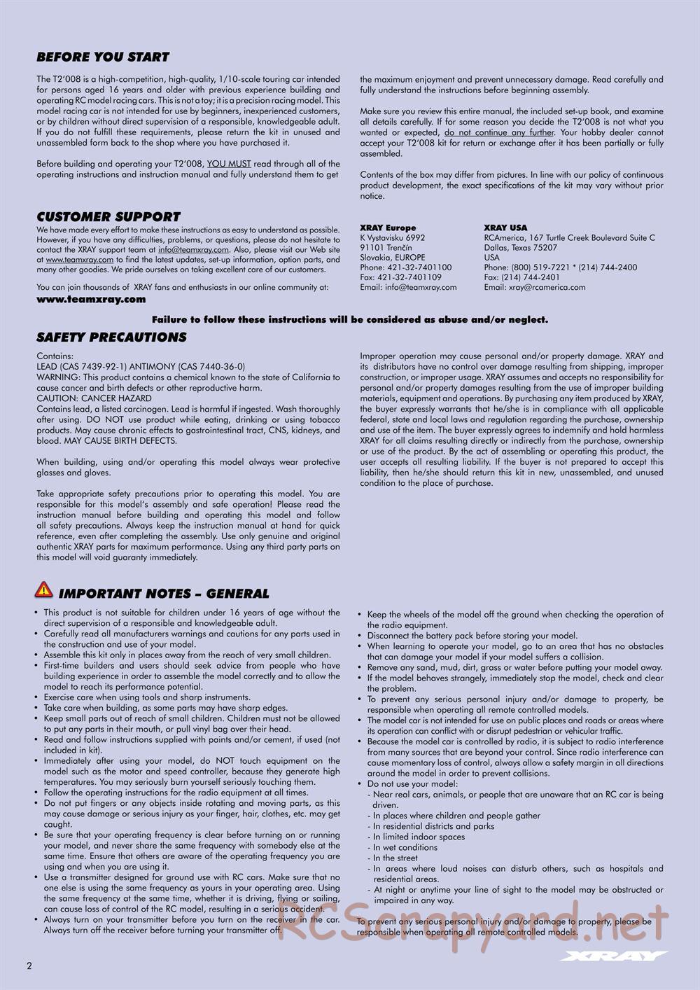 Xray - T2 008 EU Rubber-Spec 6-Cell Edition - Manual - Page 2