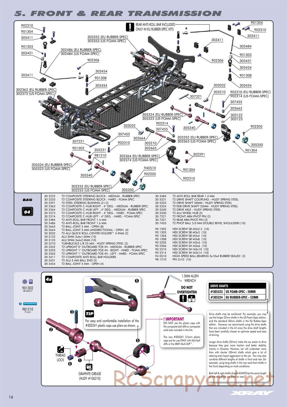 Xray - T2 008 EU Rubber-Spec 6-Cell Edition - Manual - Page 16