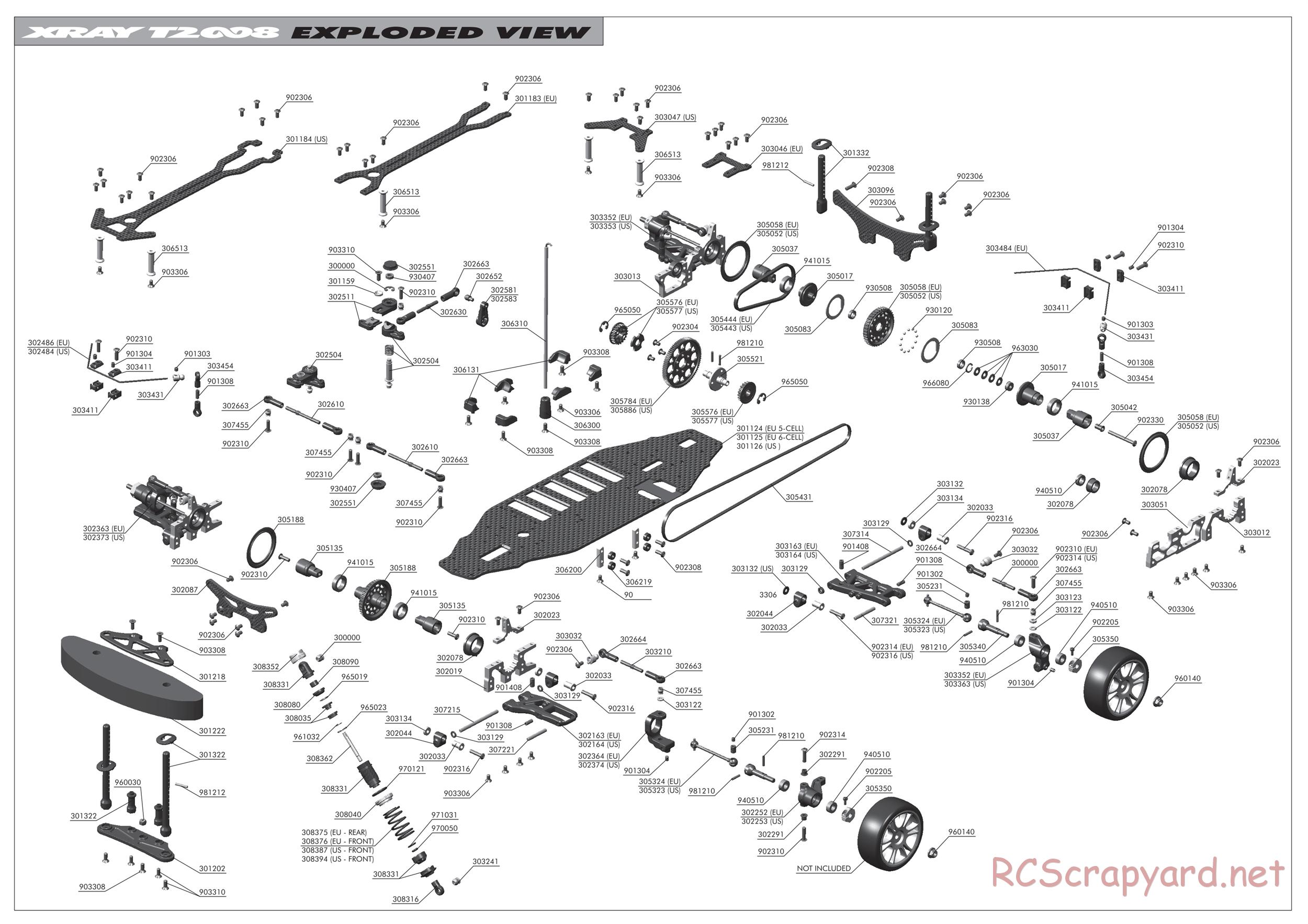 Xray - T2 008 EU Rubber-Spec 6-Cell Edition - Exploded View