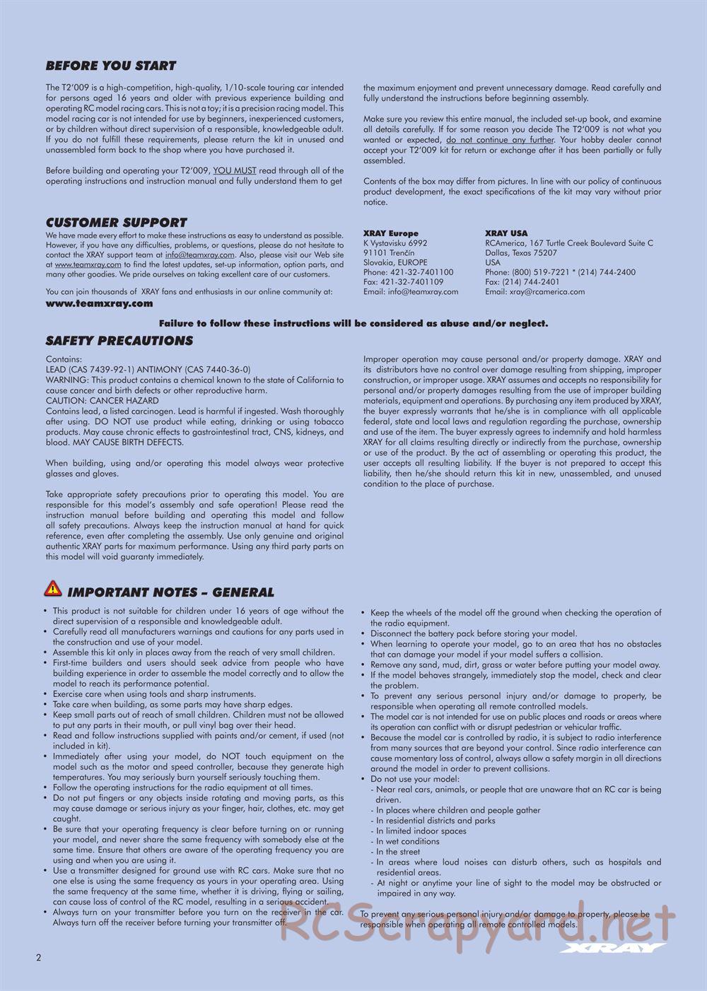 Xray - T2 009 EU Rubber-Spec 6-Cell Edition - Manual - Page 2