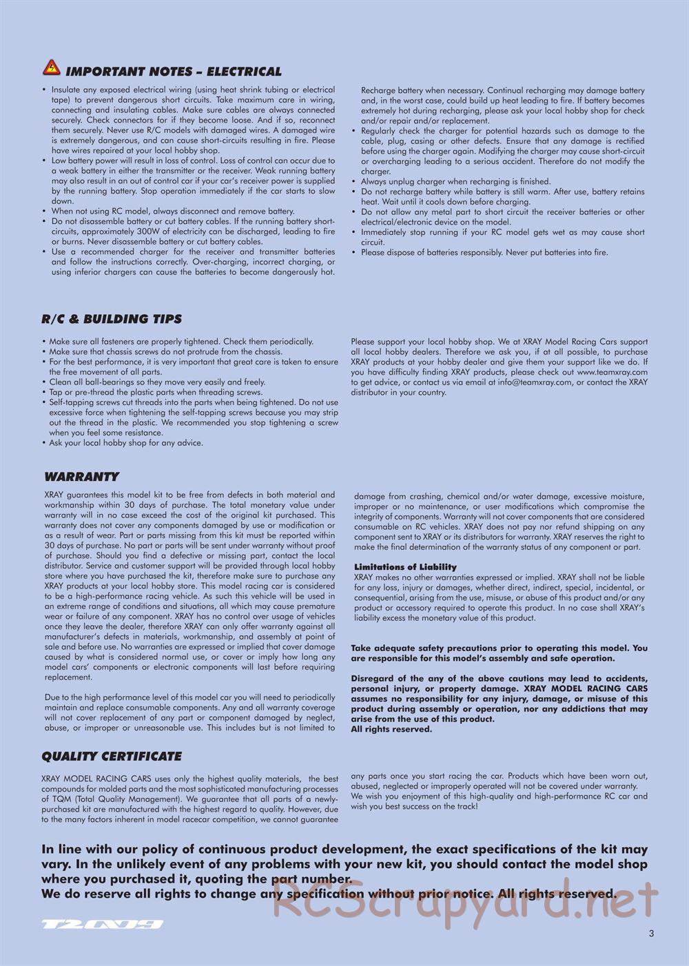 Xray - T2 009 EU Rubber-Spec 6-Cell Edition - Manual - Page 3