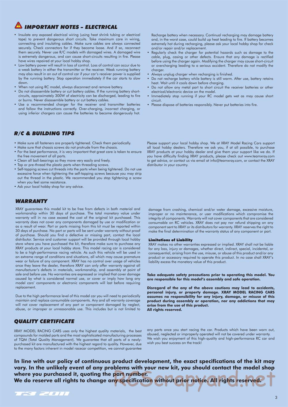 Xray - T3 2011 Specs (T3'11) - Manual - Page 3