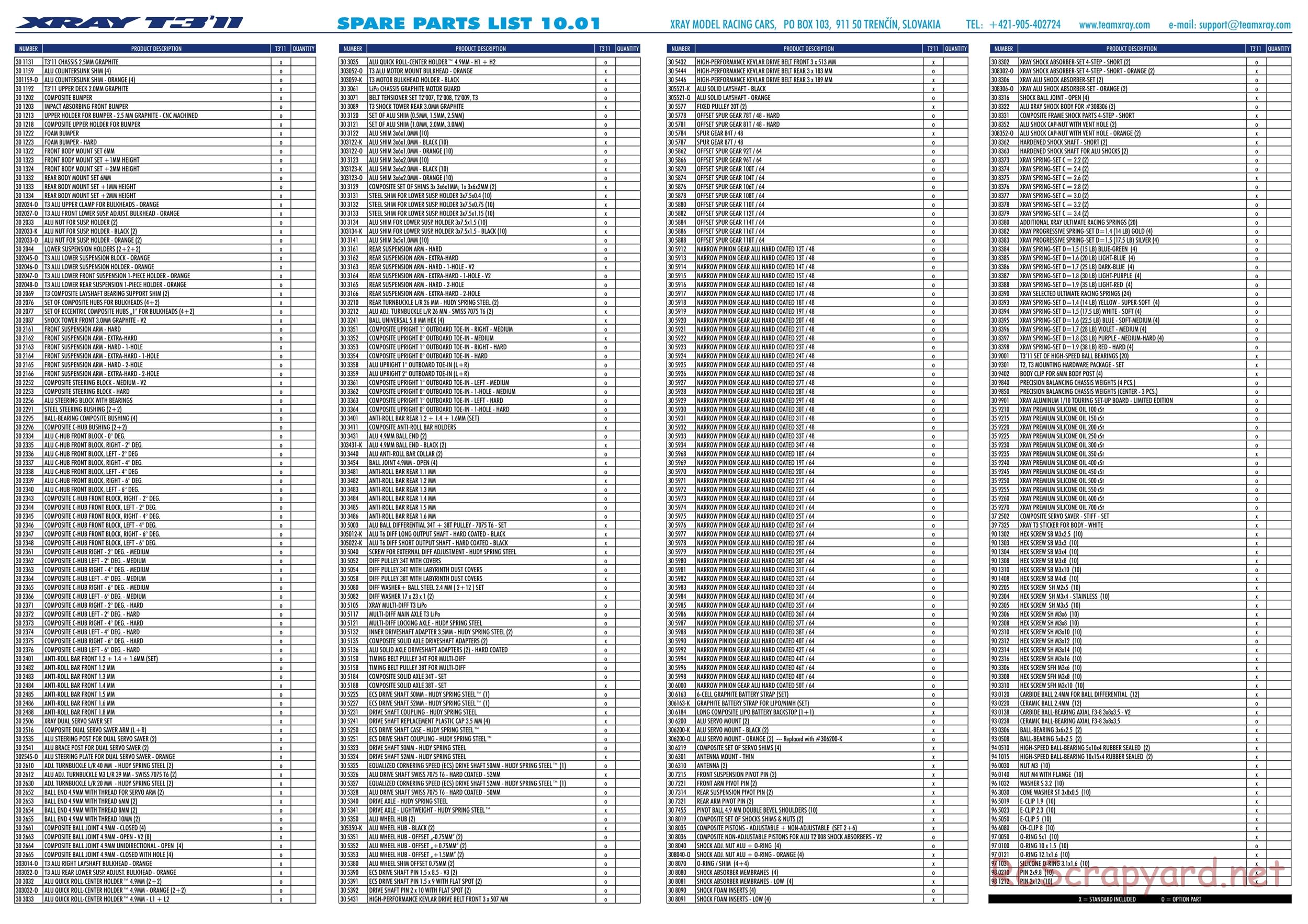 Xray - T3 2011 Specs (T3'11) - Parts