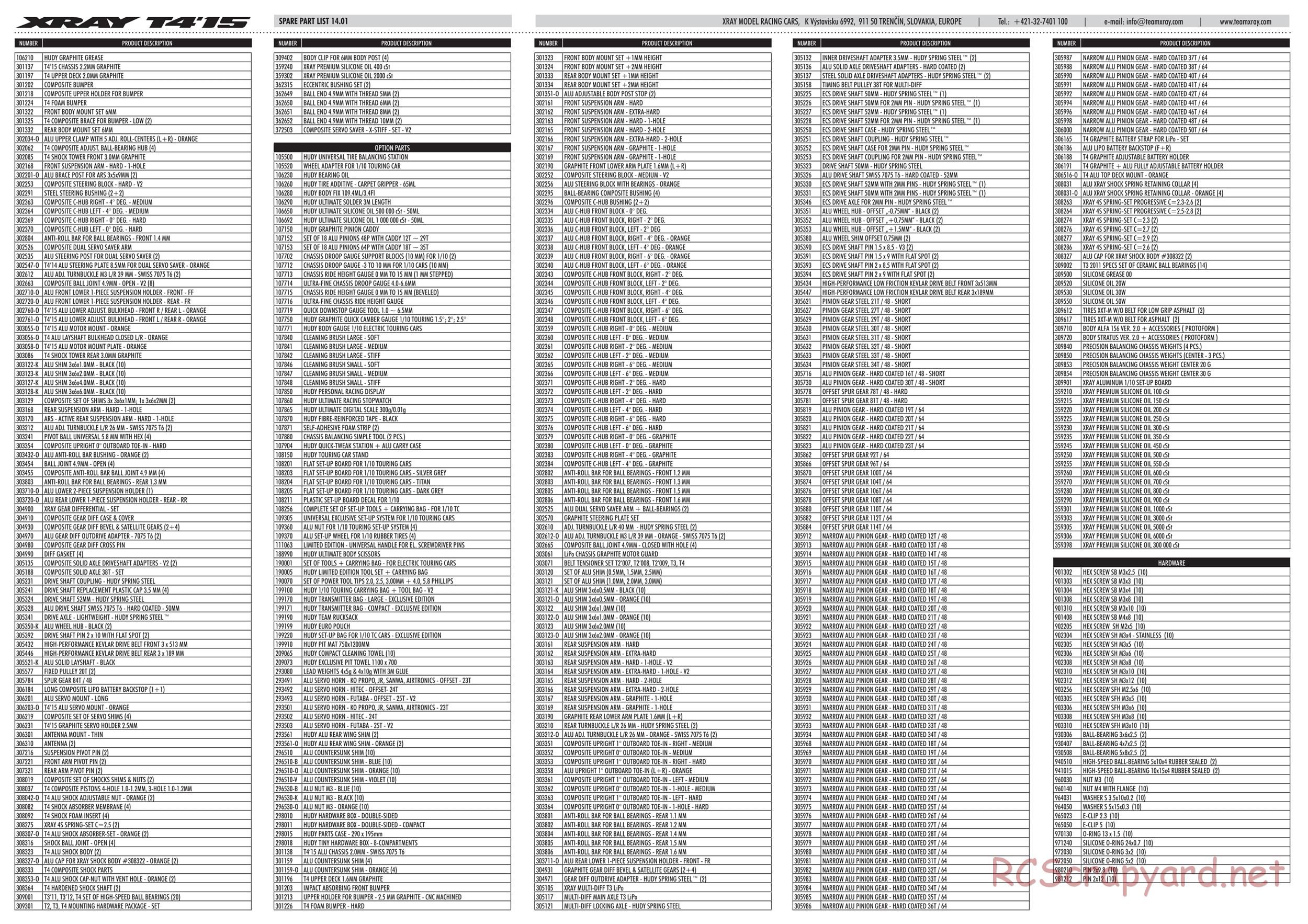 Xray - T4 2015 Specs (T4'15) - Parts