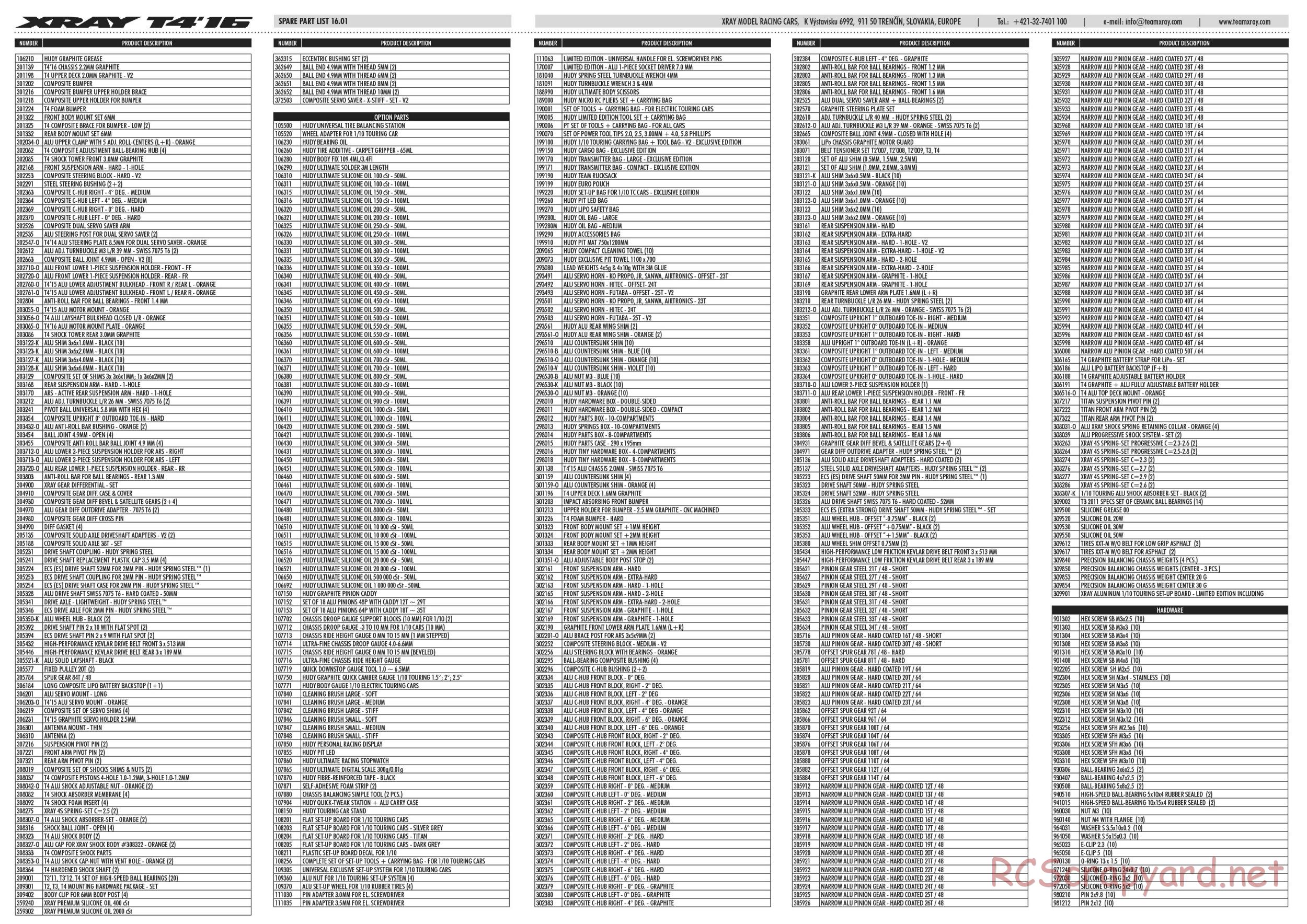 Xray - T4 2016 Specs (T4'16) - Parts
