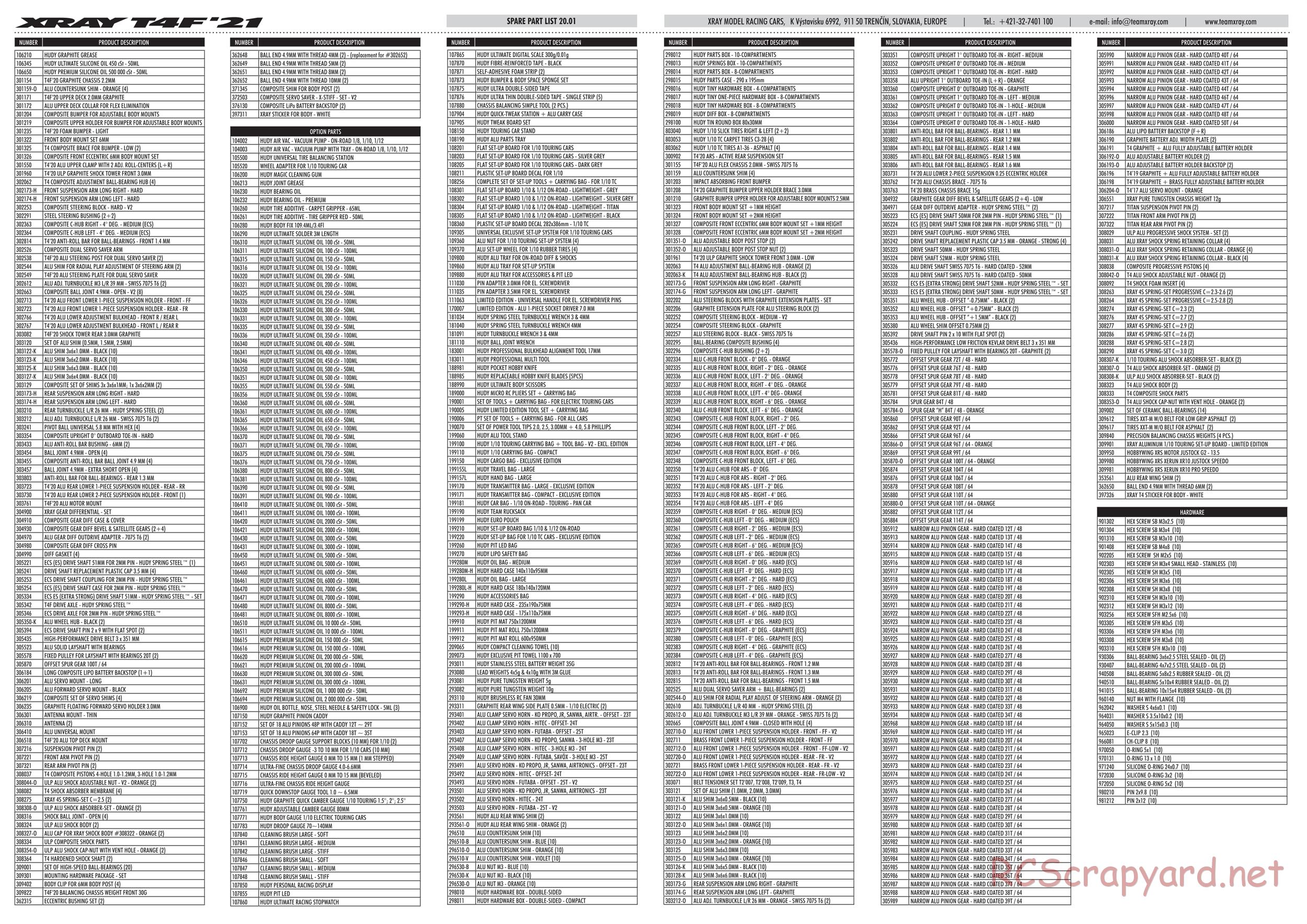Xray - T4F 2021 (T4F'21) - Parts List