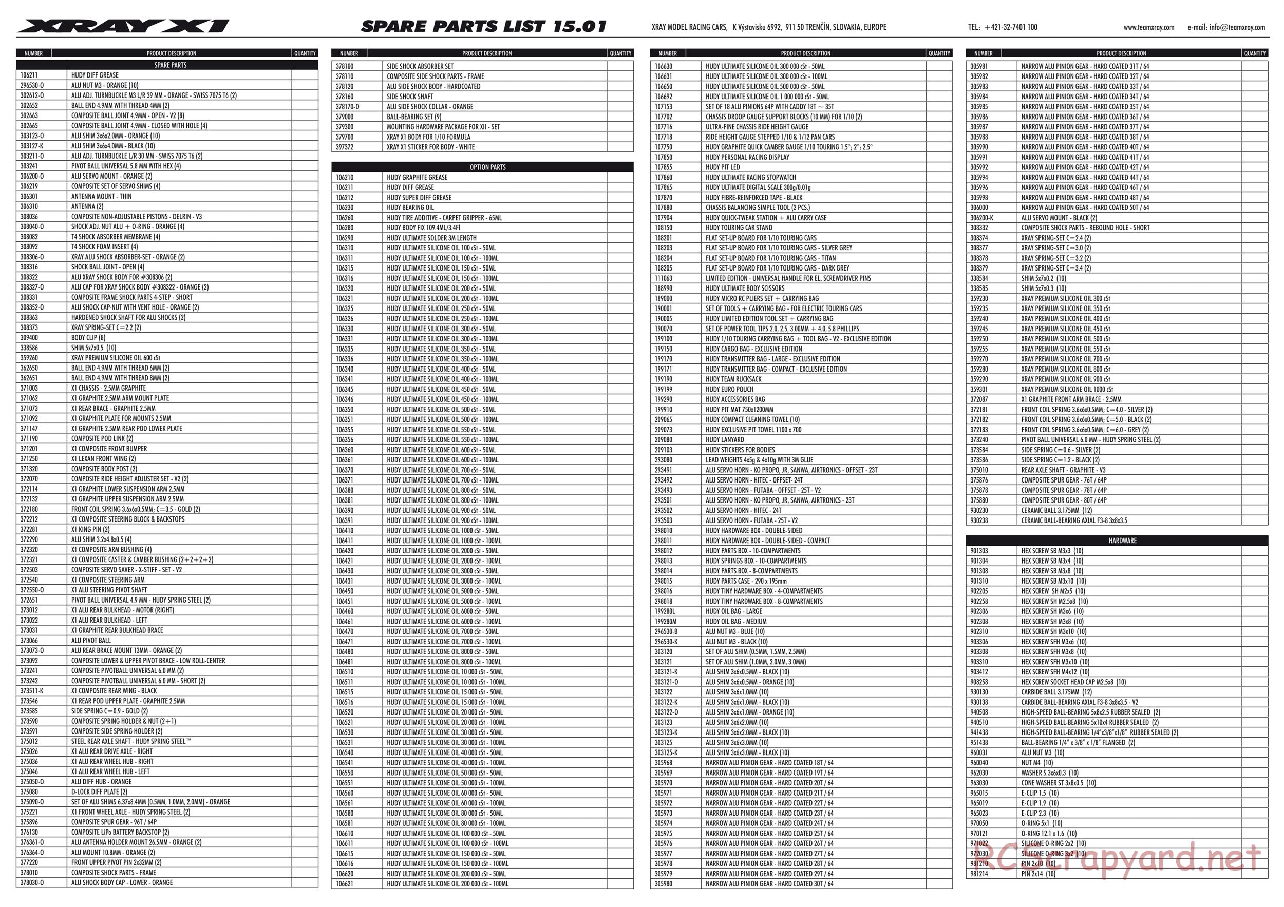 Xray - X1 2015 (X1'15) - Parts List