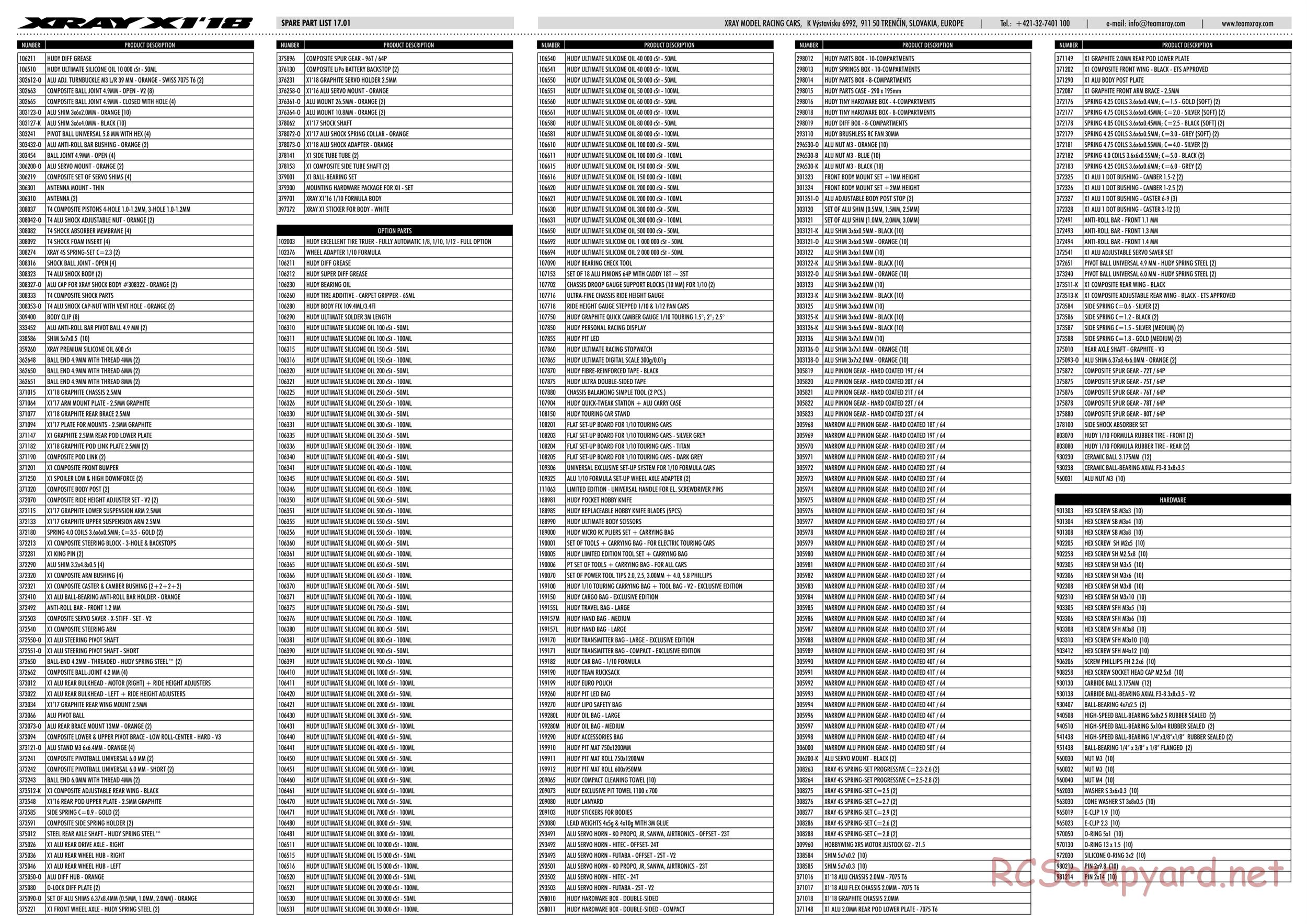 Xray - X1 2018 (X1'18) - Parts List