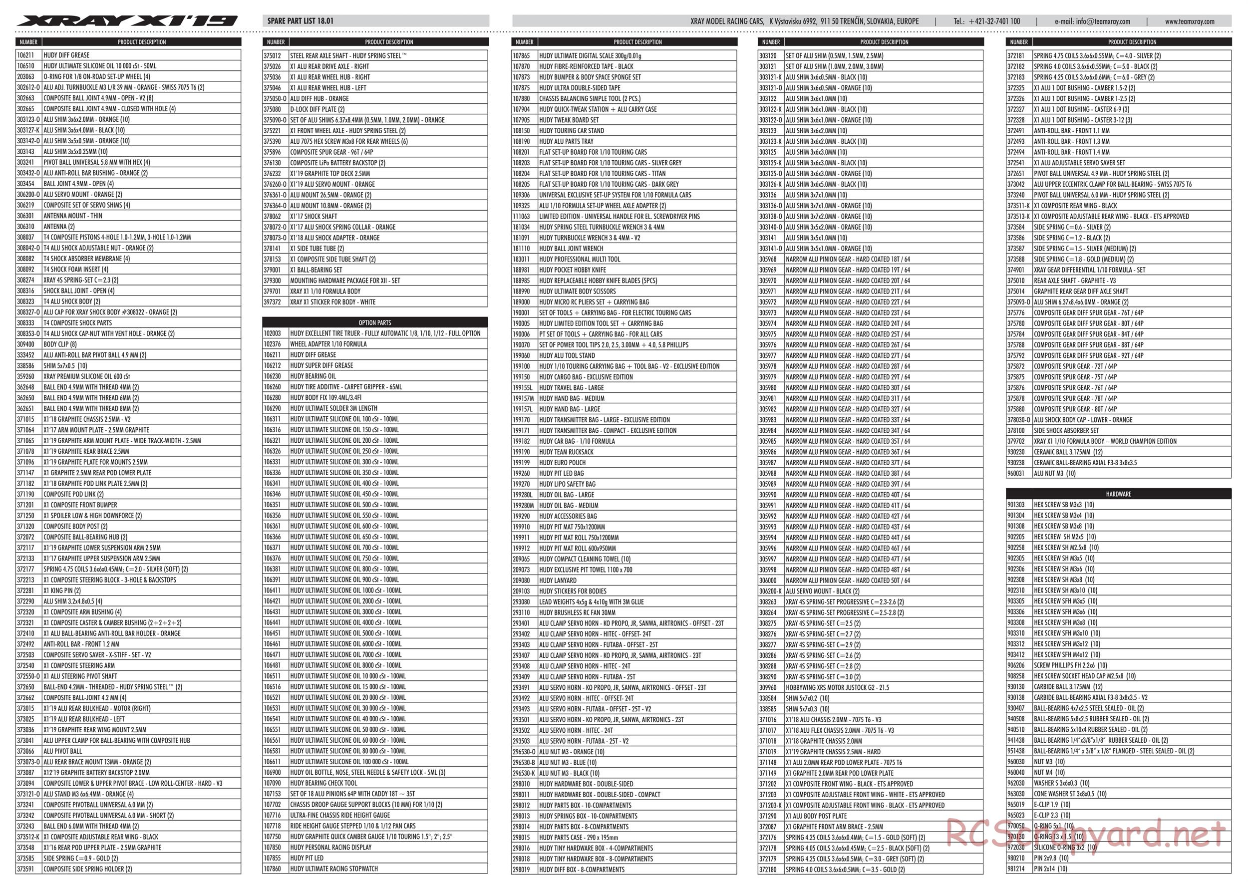 Xray - X1 2019 (X1'19) - Parts List