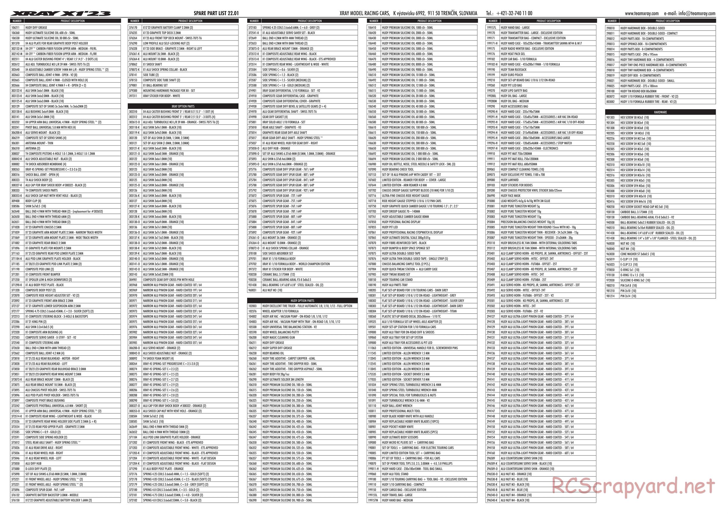Xray - X1 2023 (X1'23) - Parts List