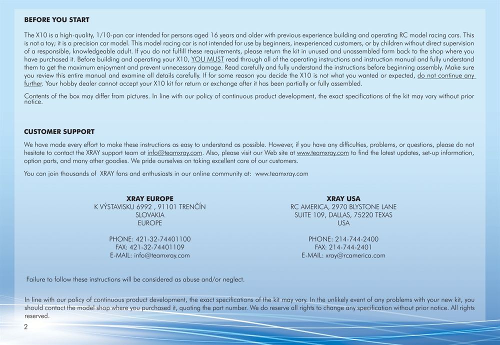 Xray - X10 2015 Specs (X10'15) - Manual - Page 2