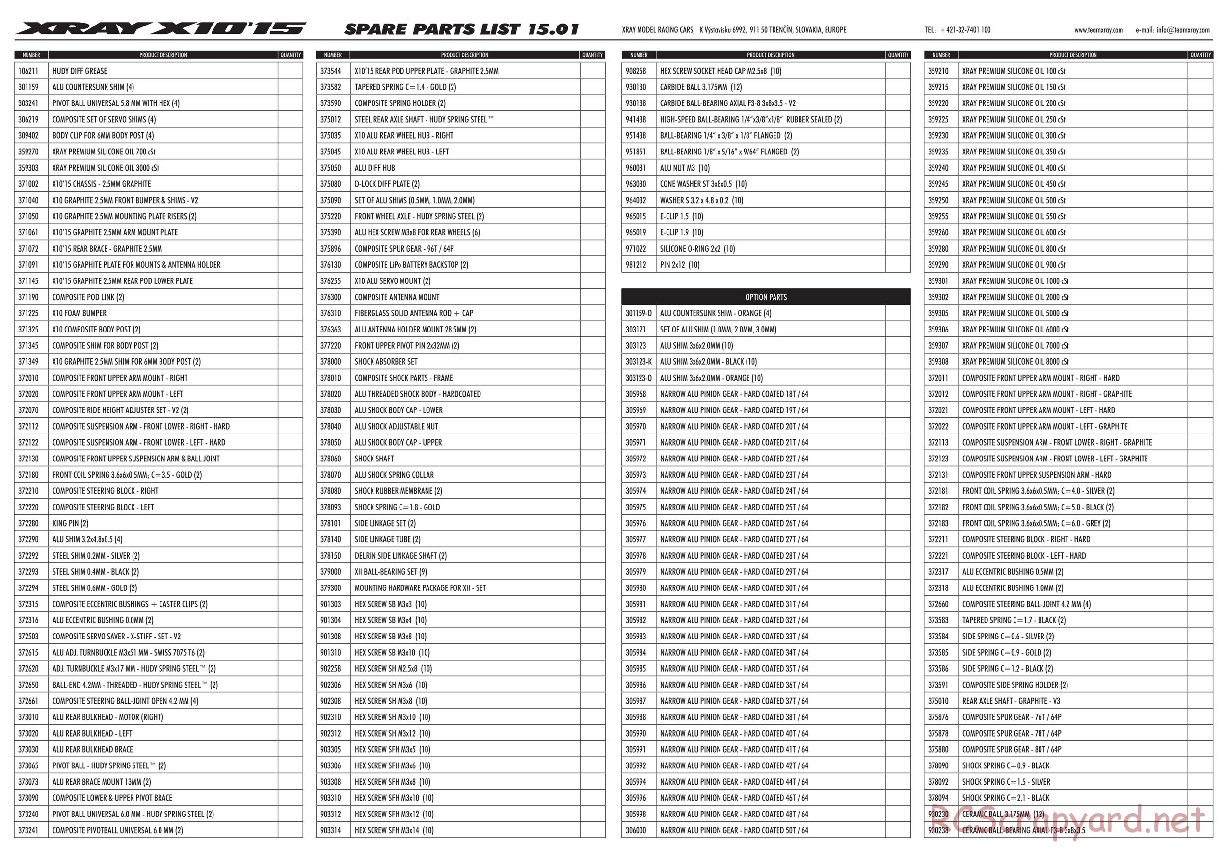 Xray - X10 2015 Specs (X10'15) - Parts