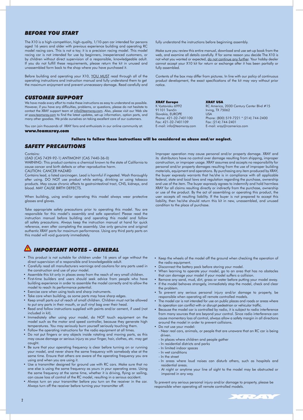 Xray - X10 2016 Specs (X10'16) - Manual - Page 2
