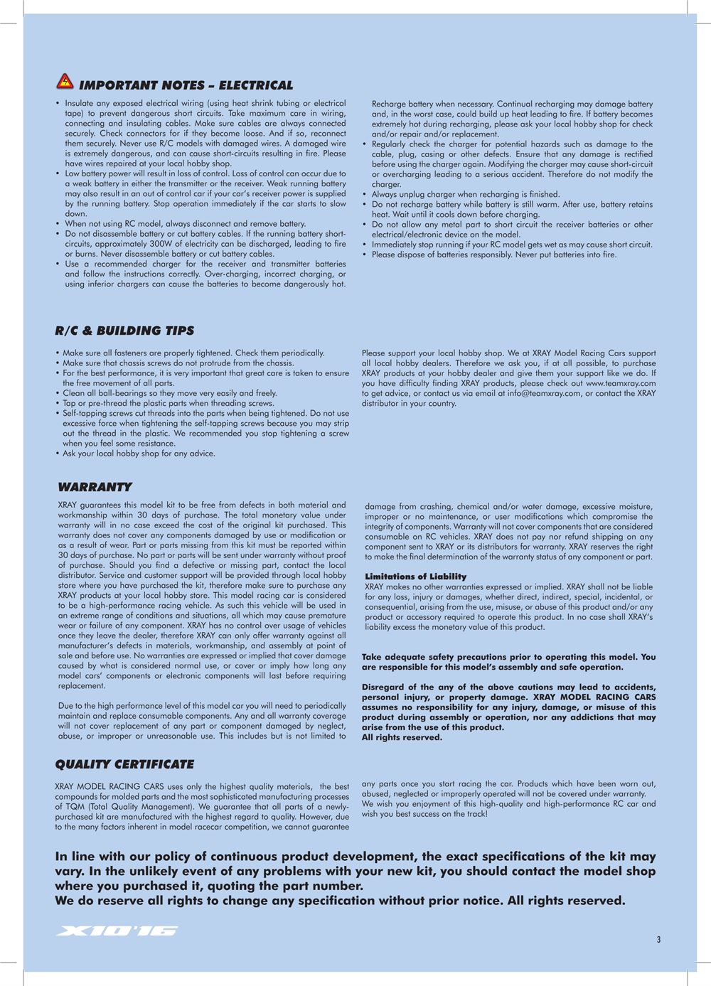 Xray - X10 2016 Specs (X10'16) - Manual - Page 3