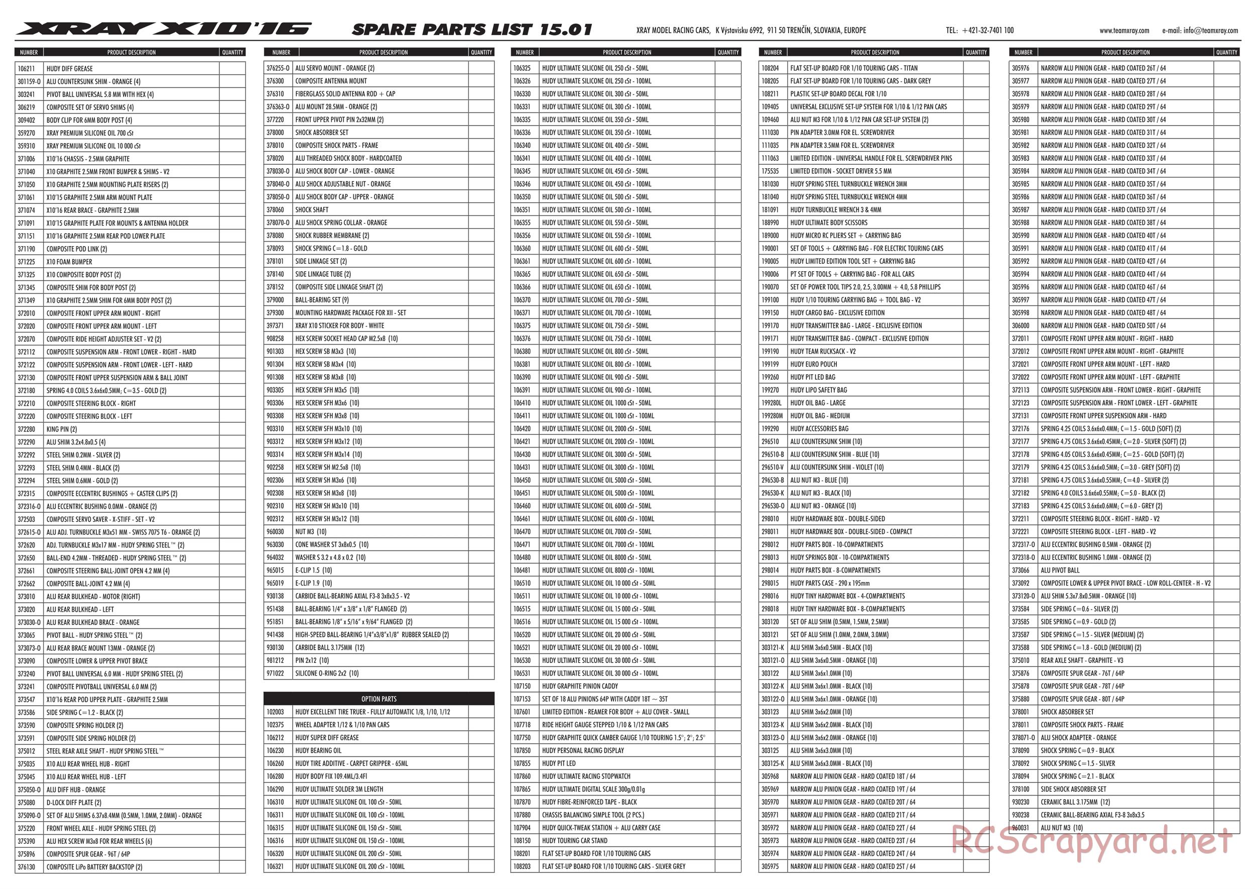 Xray - X10 2016 Specs (X10'16) - Parts