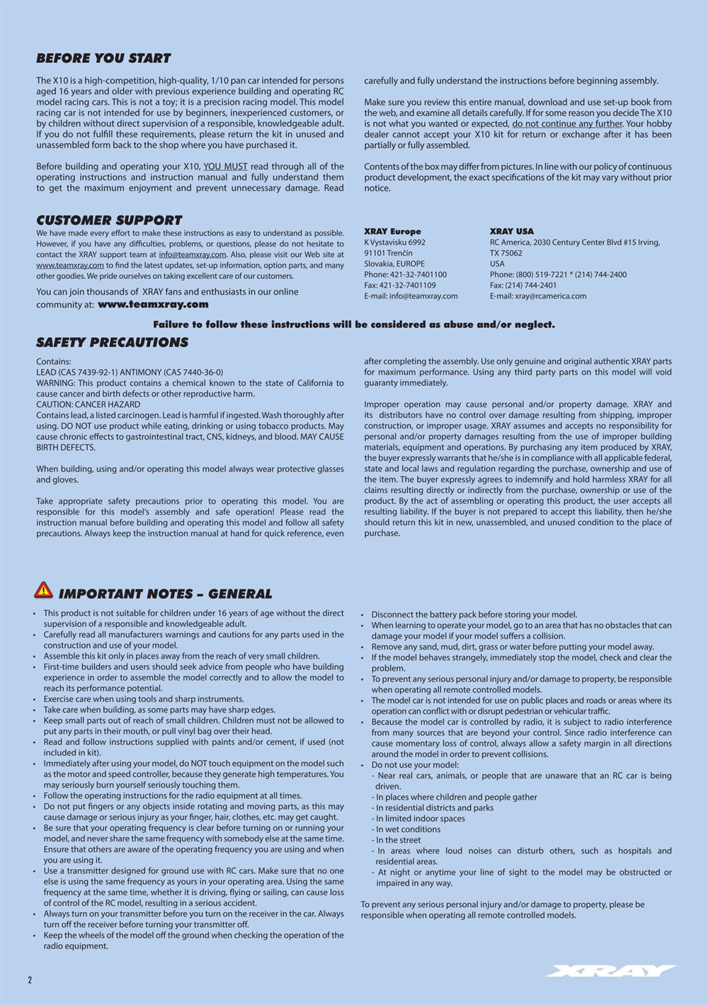 Xray - X10 2018 Specs (X10'18) - Manual - Page 2