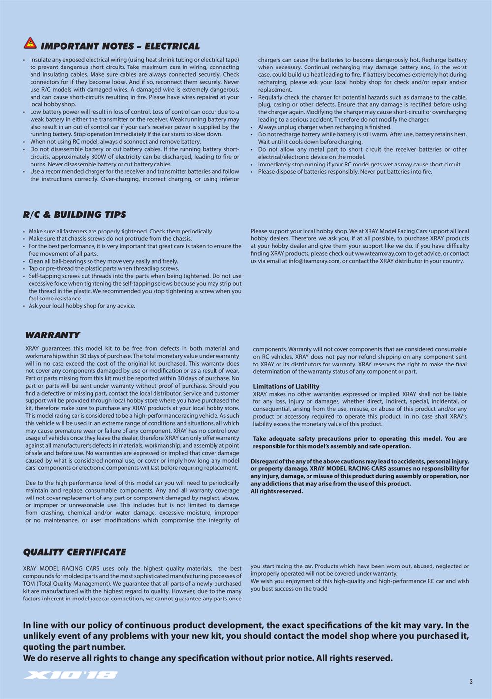 Xray - X10 2018 Specs (X10'18) - Manual - Page 3