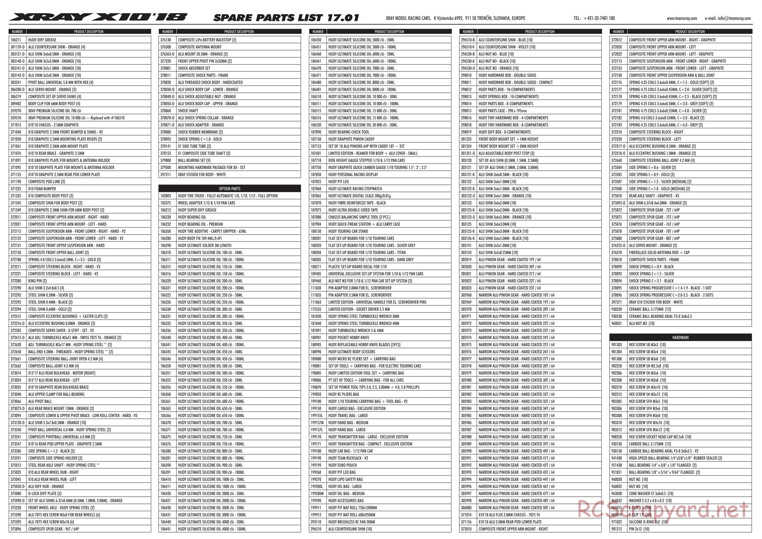 Xray - X10 2018 Specs (X10'18) - Parts