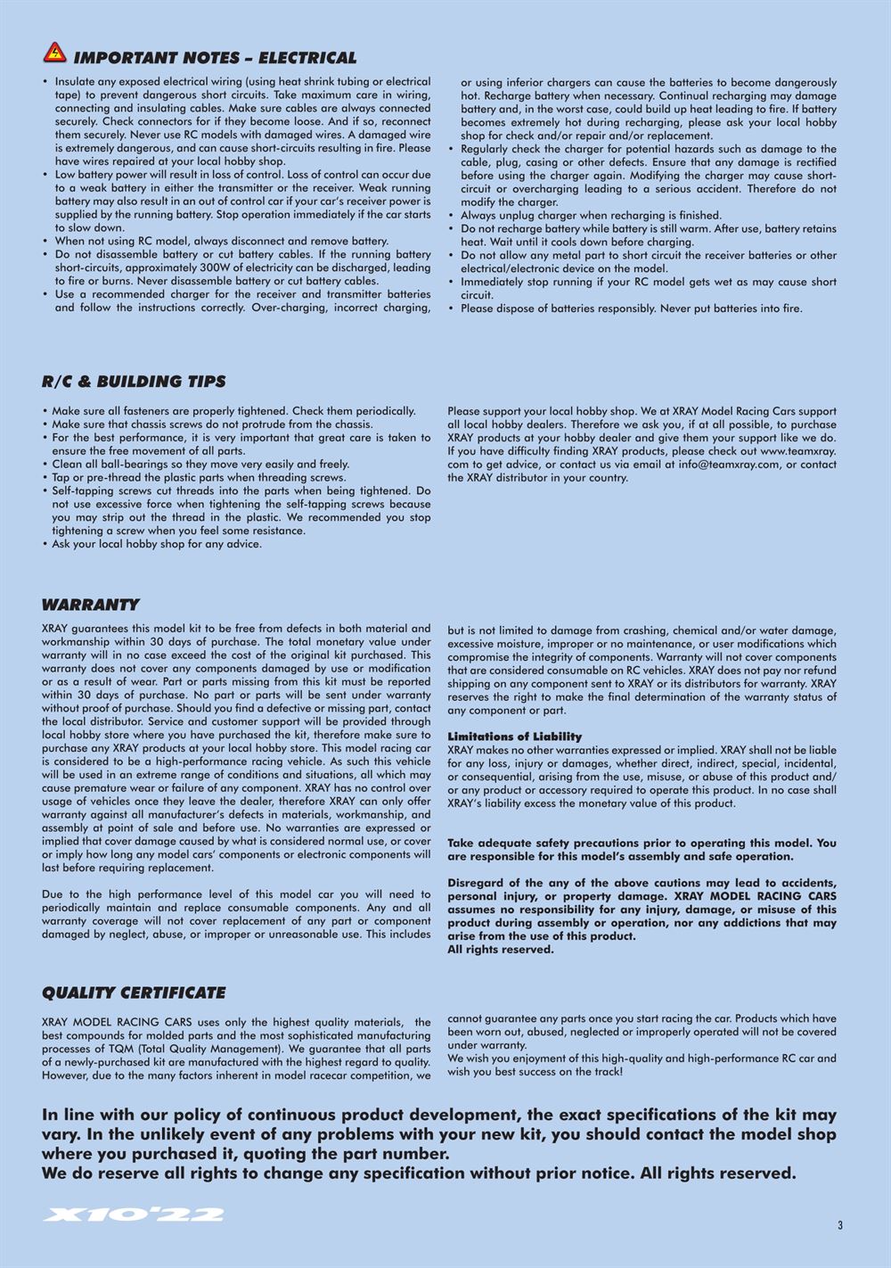Xray - X10 2022 Specs (X10'22) - Manual - Page 3
