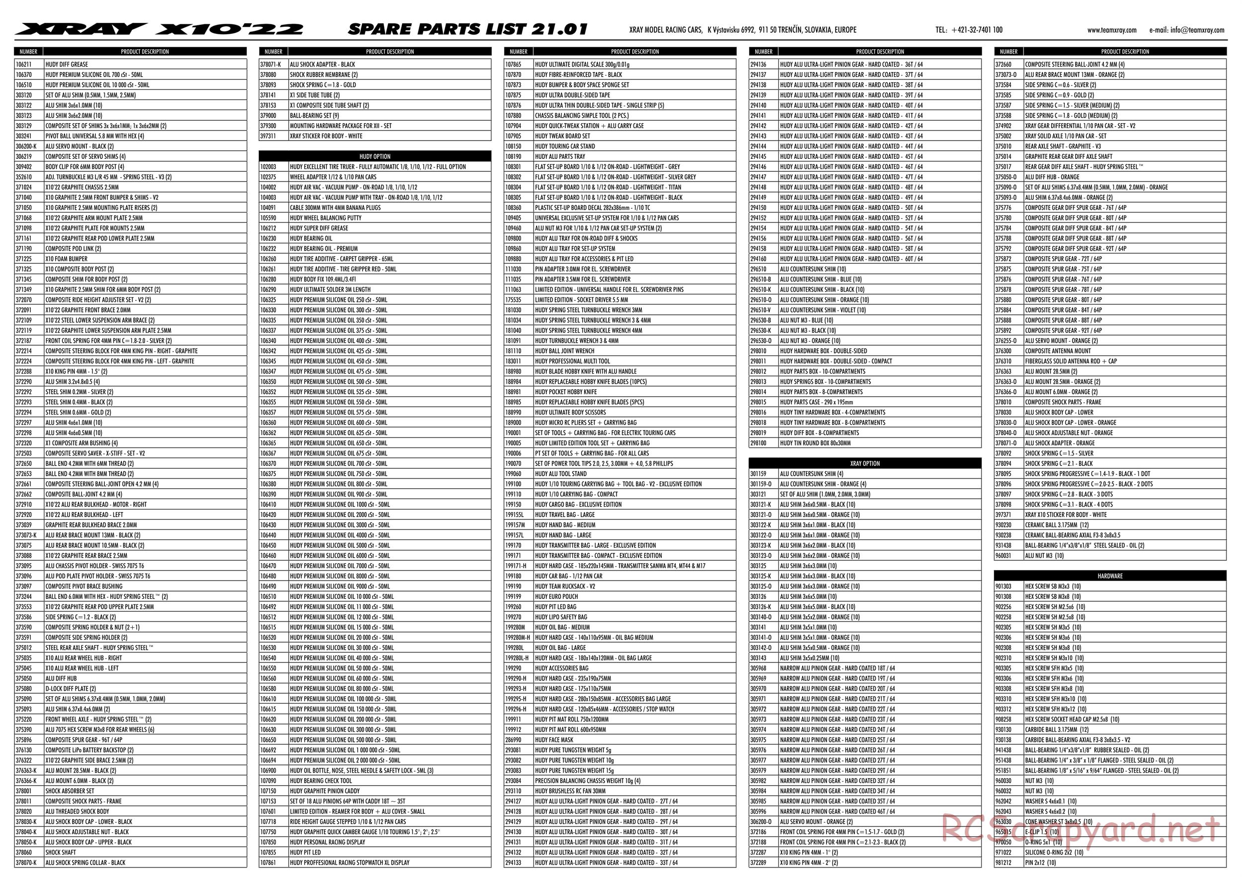 Xray - X10 2022 Specs (X10'22) - Parts