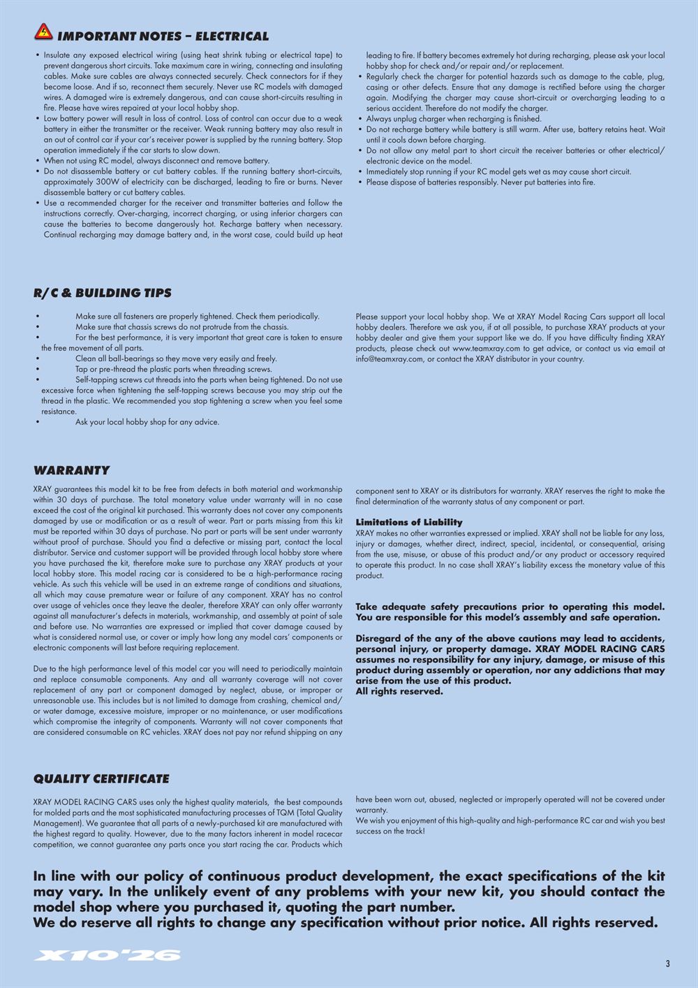 Xray - X10 2026 Specs (X10'26) - Manual - Page 3