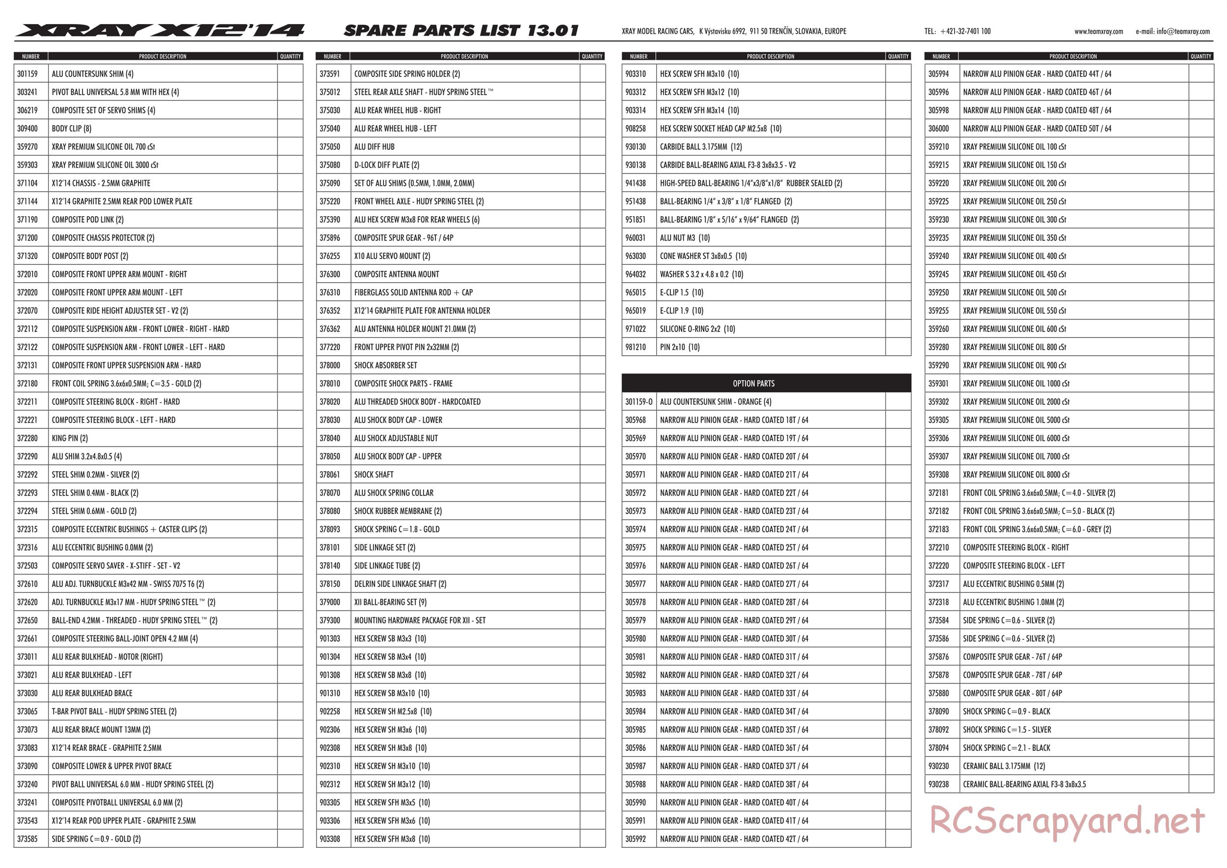 Xray - X12 2014 Specs (X12'14) - Parts
