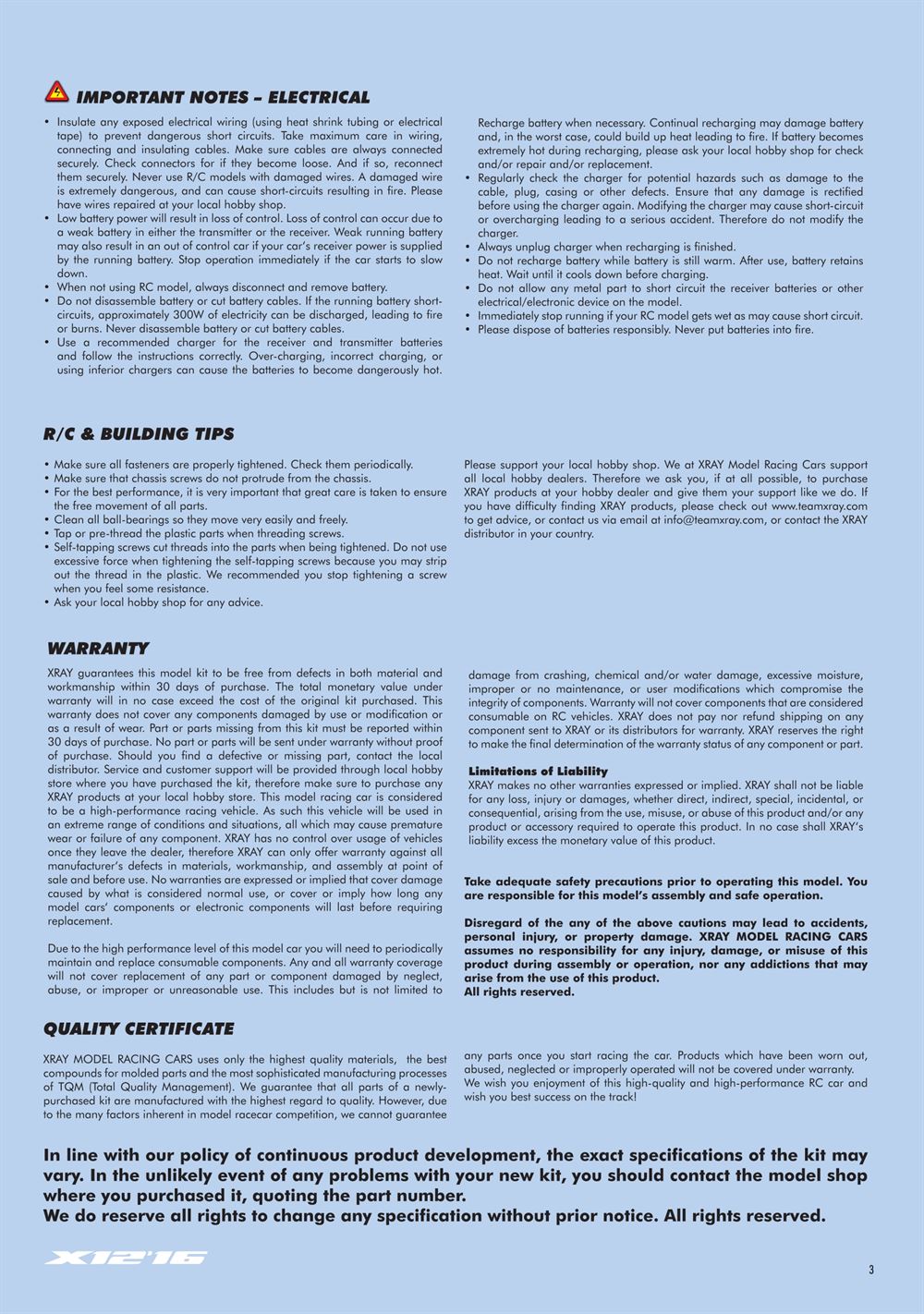 Xray - X12 2016 Specs (X12'16) - Manual - Page 3