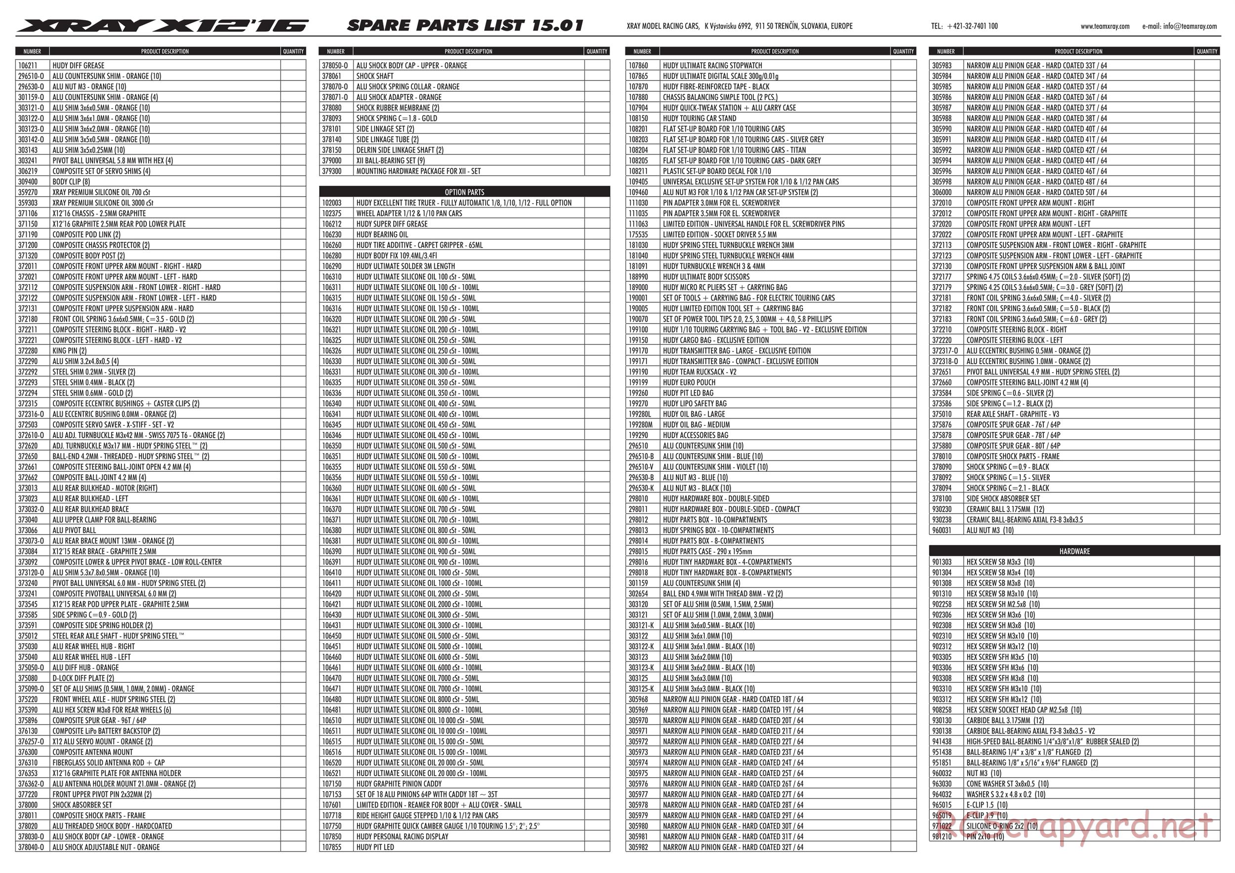 Xray - X12 2016 Specs (X12'16) - Parts