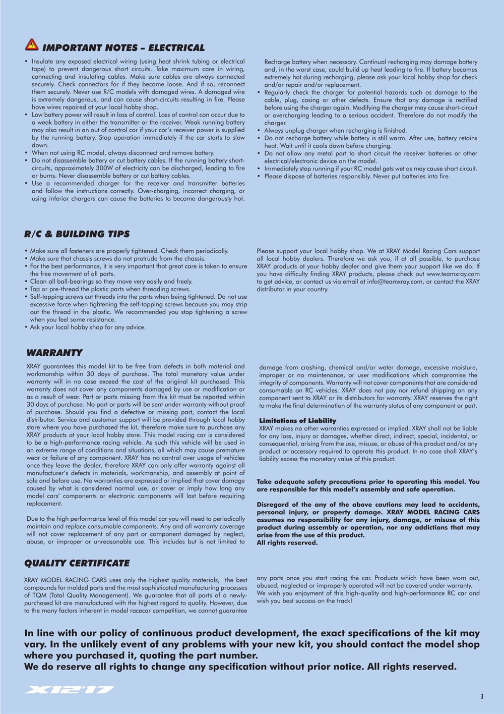 Xray - X12 2017 Specs (X12'17) - Manual - Page 3