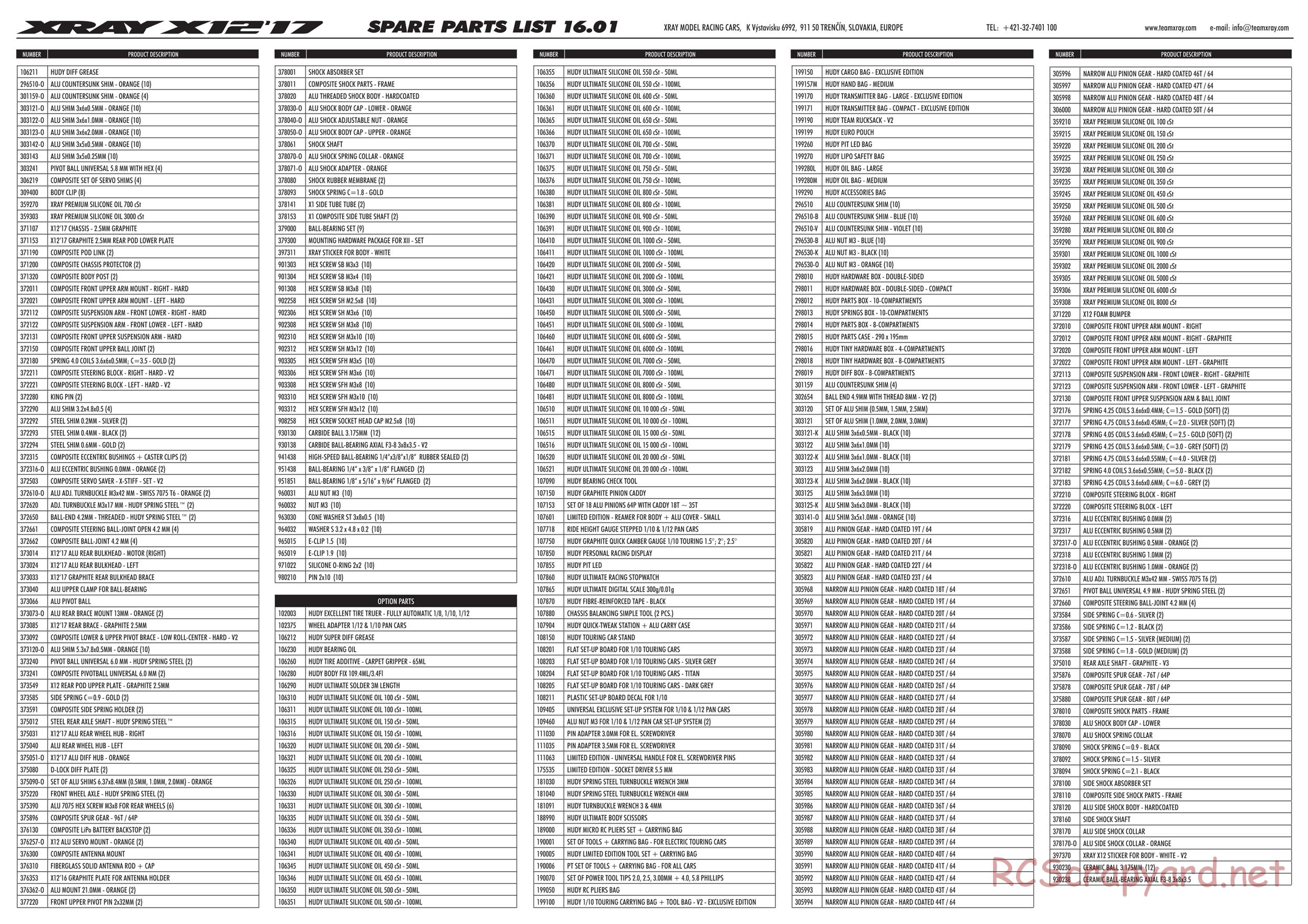 Xray - X12 2017 Specs (X12'17) - Parts