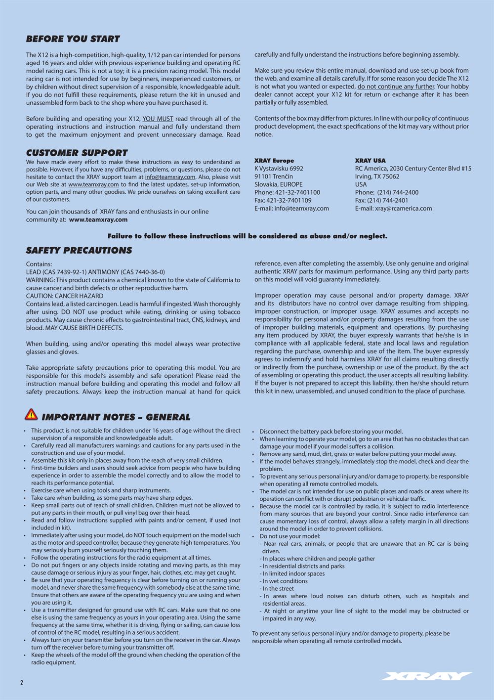 Xray - X12 2018 EU Specs (X12'18 EU) - Manual - Page 2
