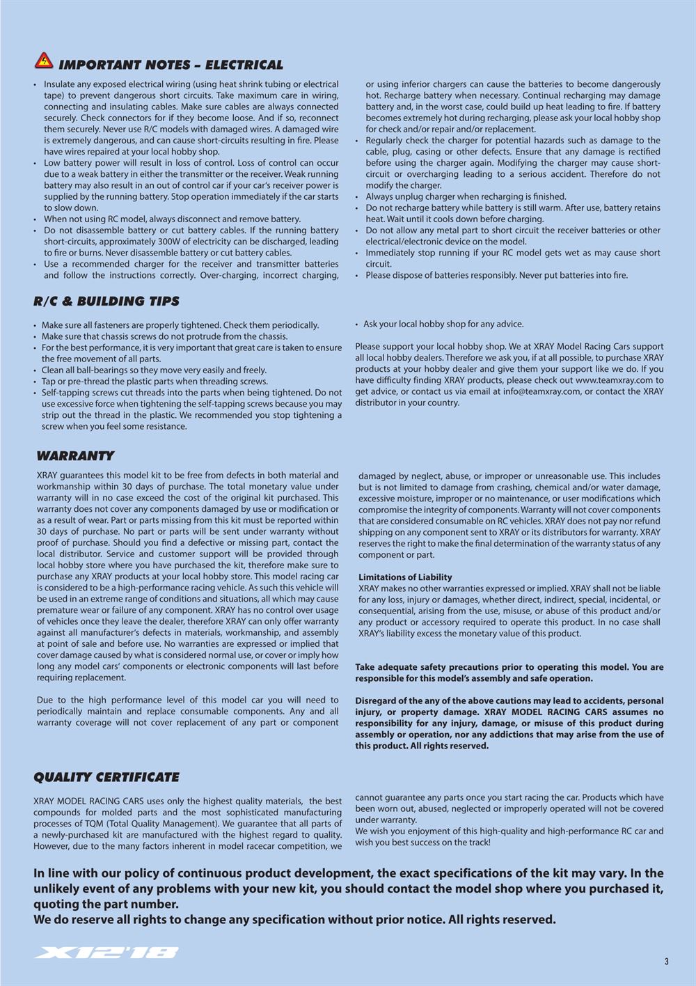 Xray - X12 2018 EU Specs (X12'18 EU) - Manual - Page 3