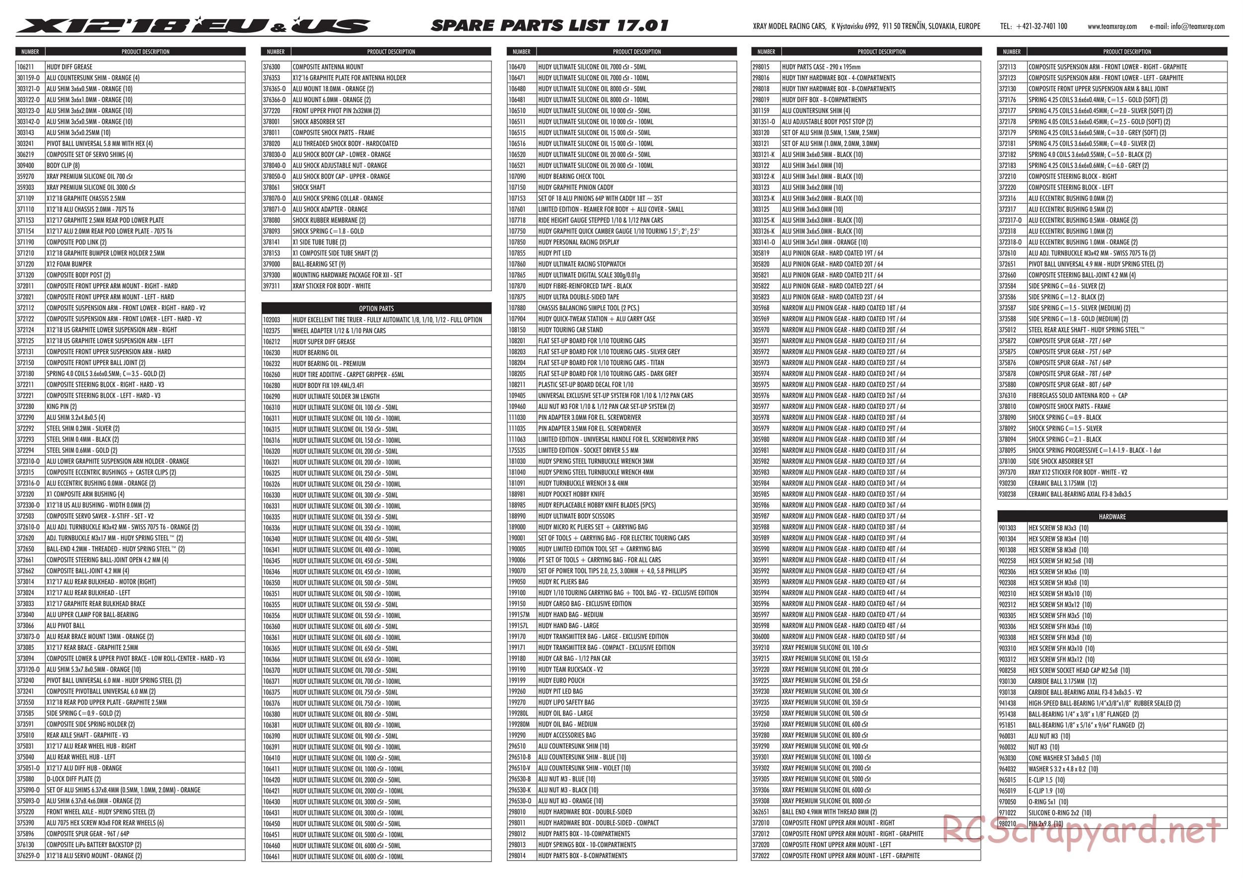 Xray - X12 2018 EU Specs (X12'18 EU) - Parts