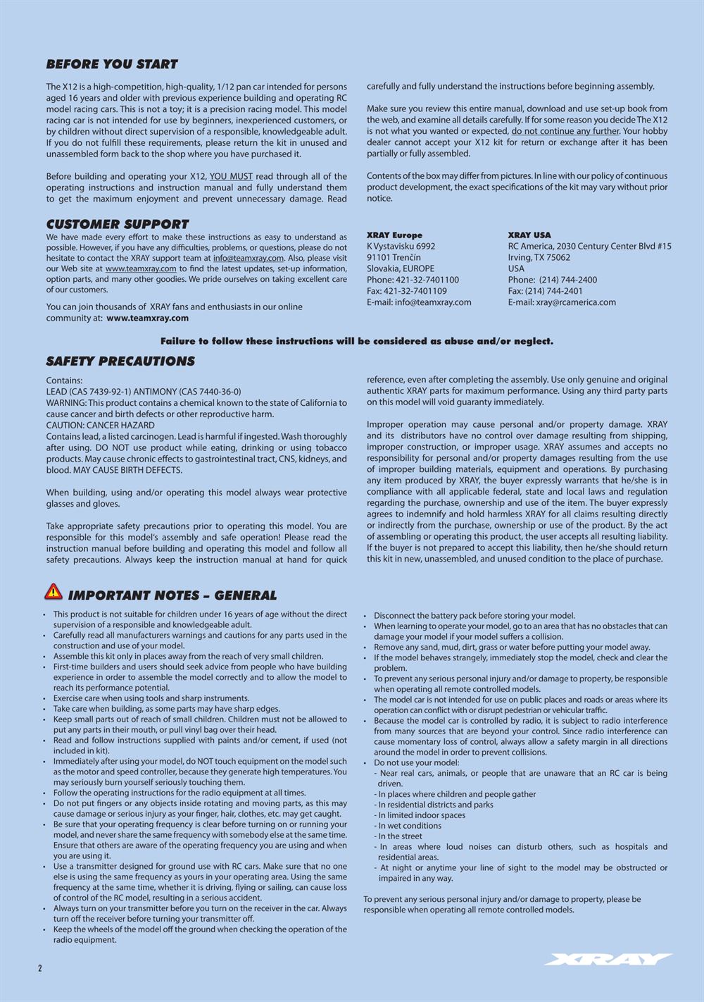 Xray - X12 2019 US Specs (X12'19 US) - Manual - Page 2