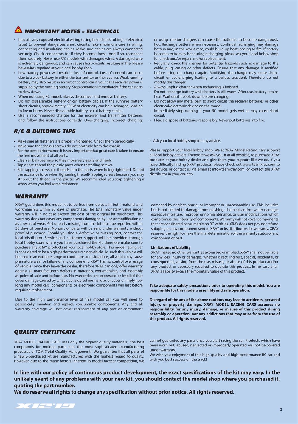 Xray - X12 2019 US Specs (X12'19 US) - Manual - Page 3