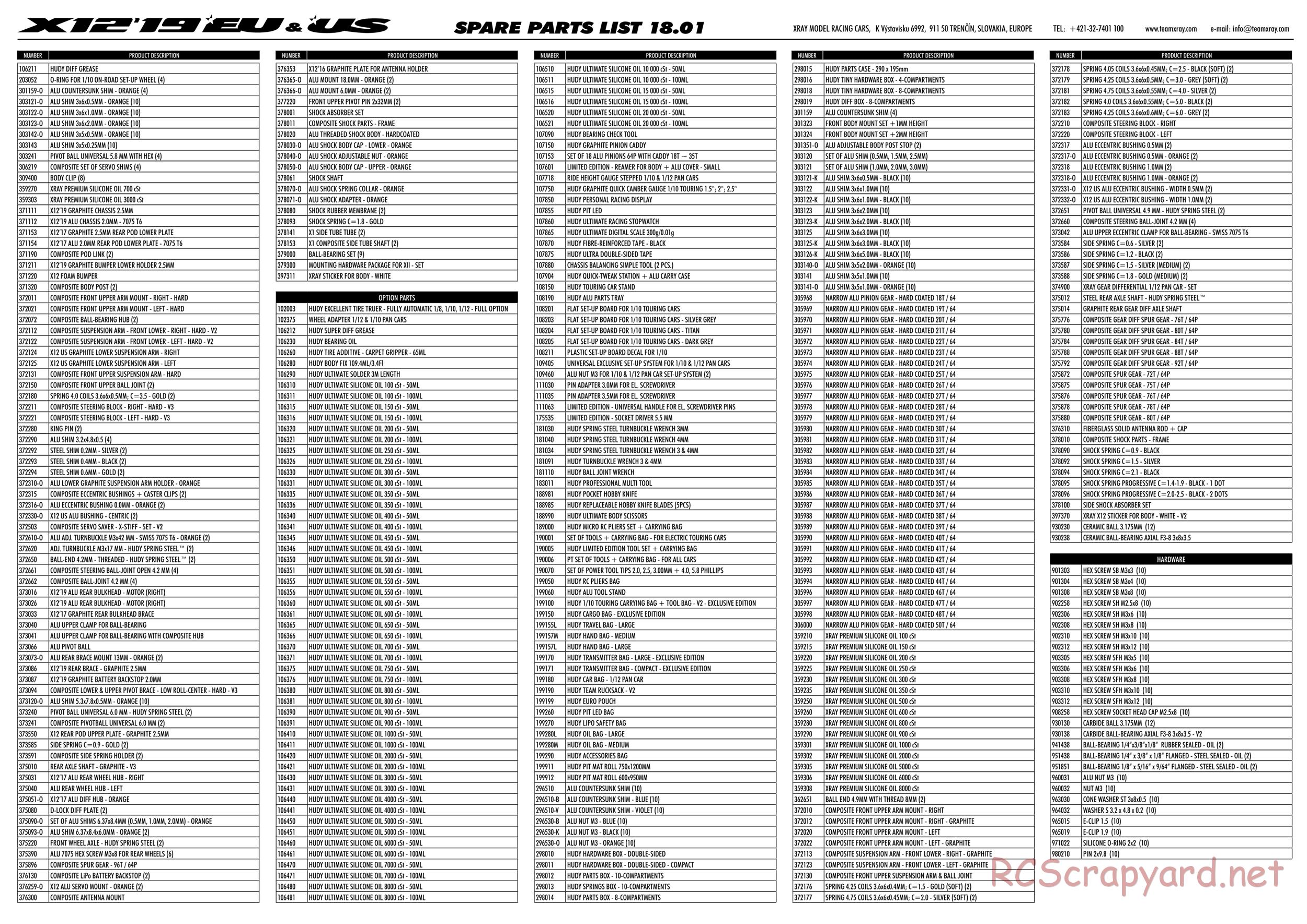 Xray - X12 2019 EU Specs (X12'19 EU) - Parts