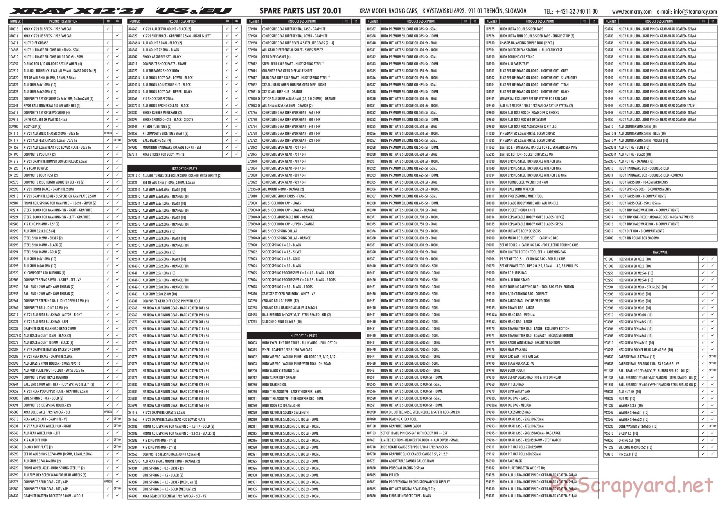 Xray - X12 2021 EU Specs (X12'21 EU) - Parts