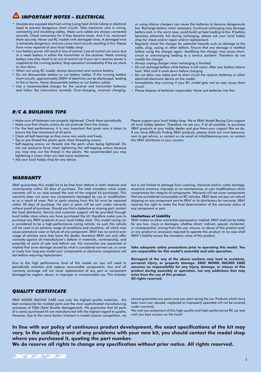 Xray - X12 2022 EU Specs (X12'22 EU) - Manual - Page 3