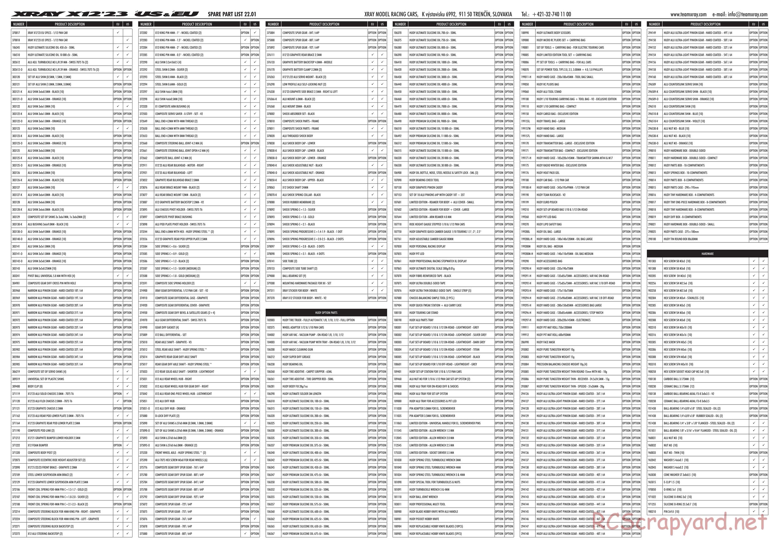 Xray - X12 2023 EU Specs (X12'23 EU) - Parts