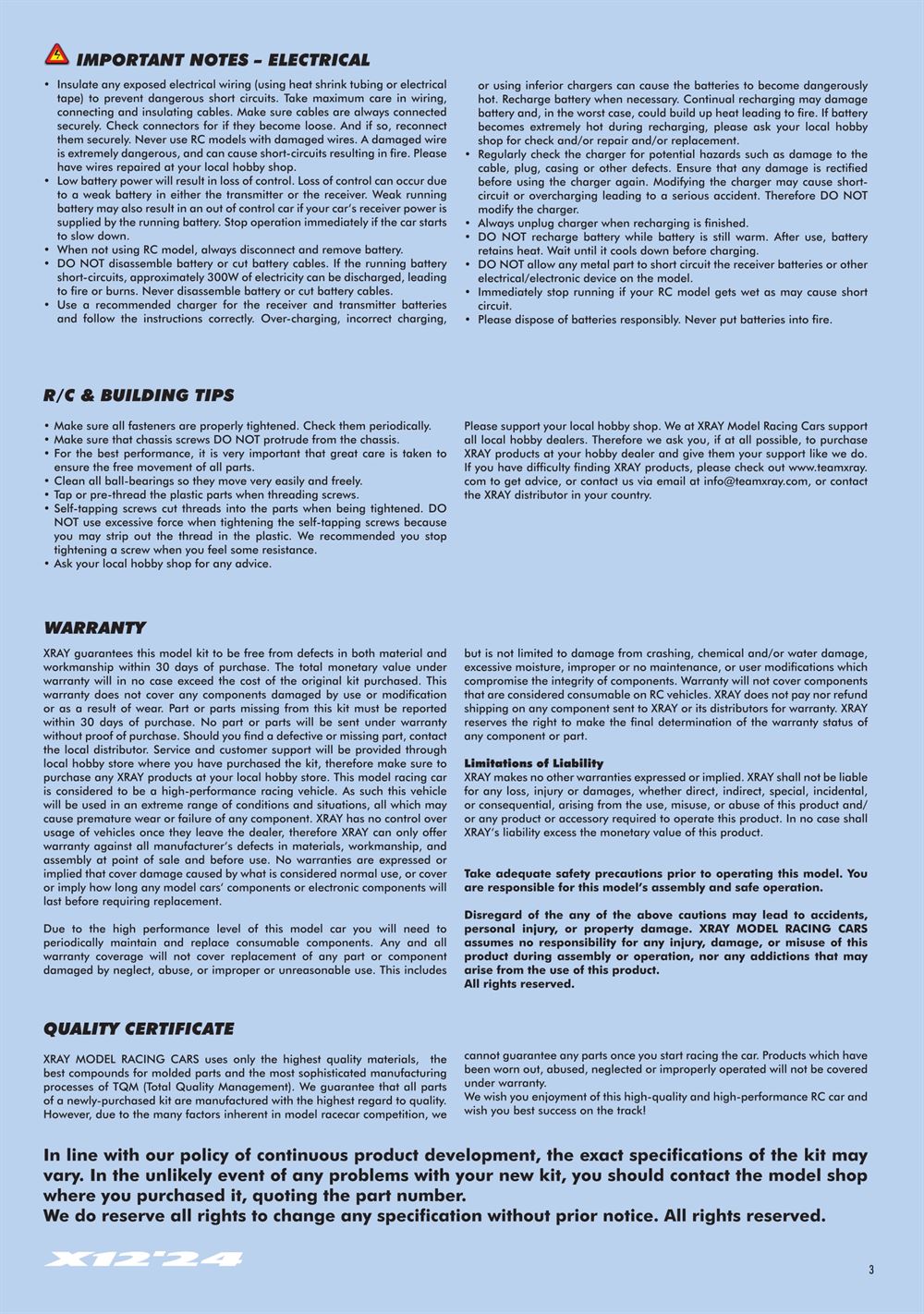 Xray - X12 2024 EU Specs (X12'24 EU) - Manual - Page 3