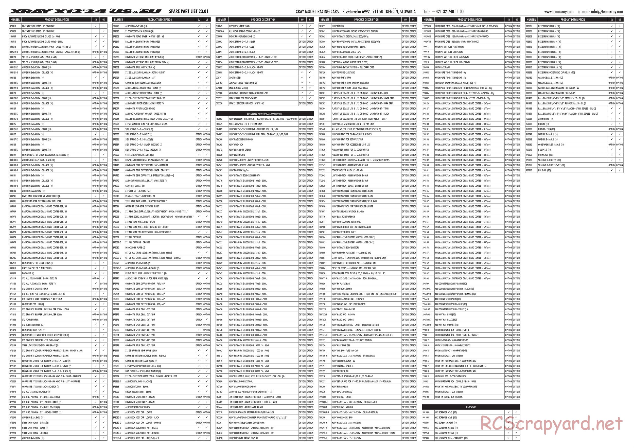 Xray - X12 2024 US Specs (X12'24 US) - Parts