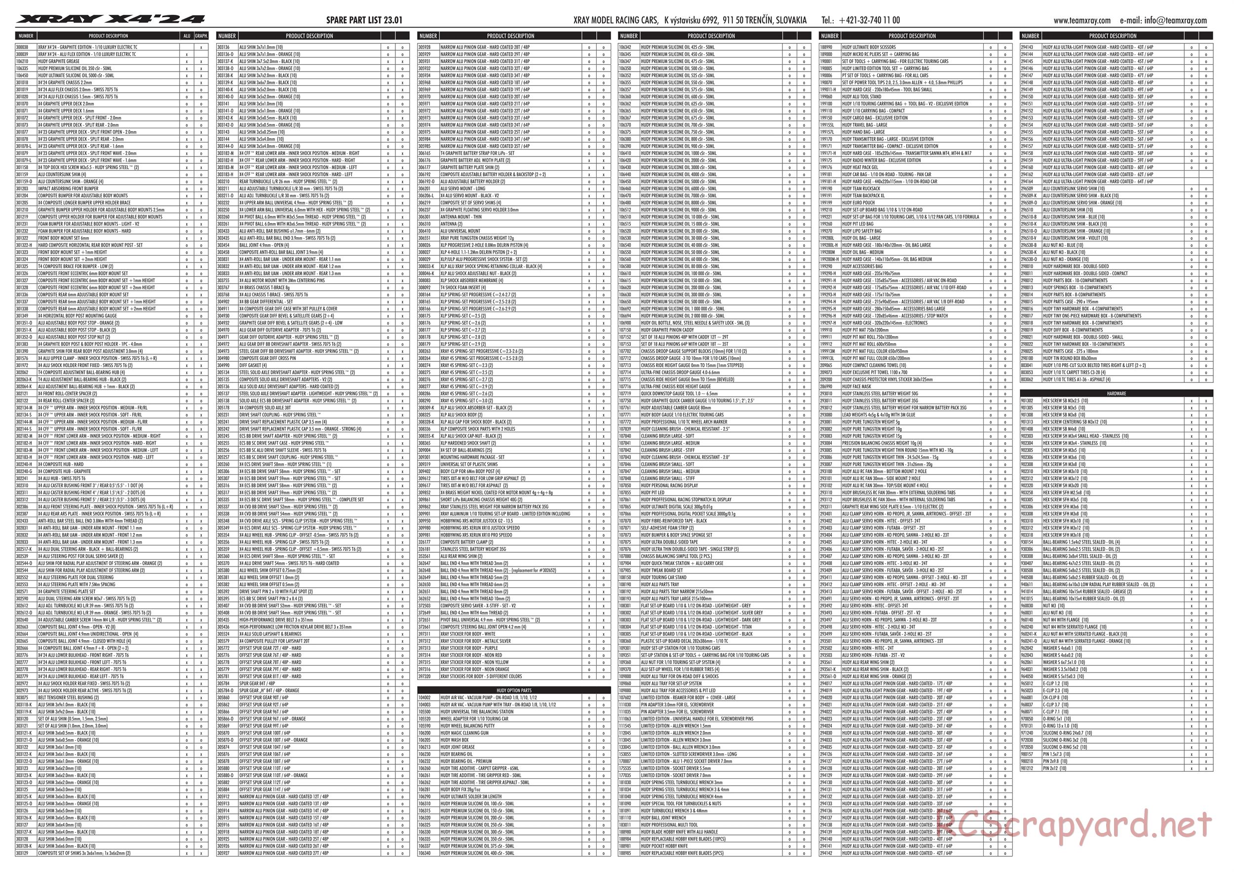 Xray - X4 2024 (X4'24) - Parts List