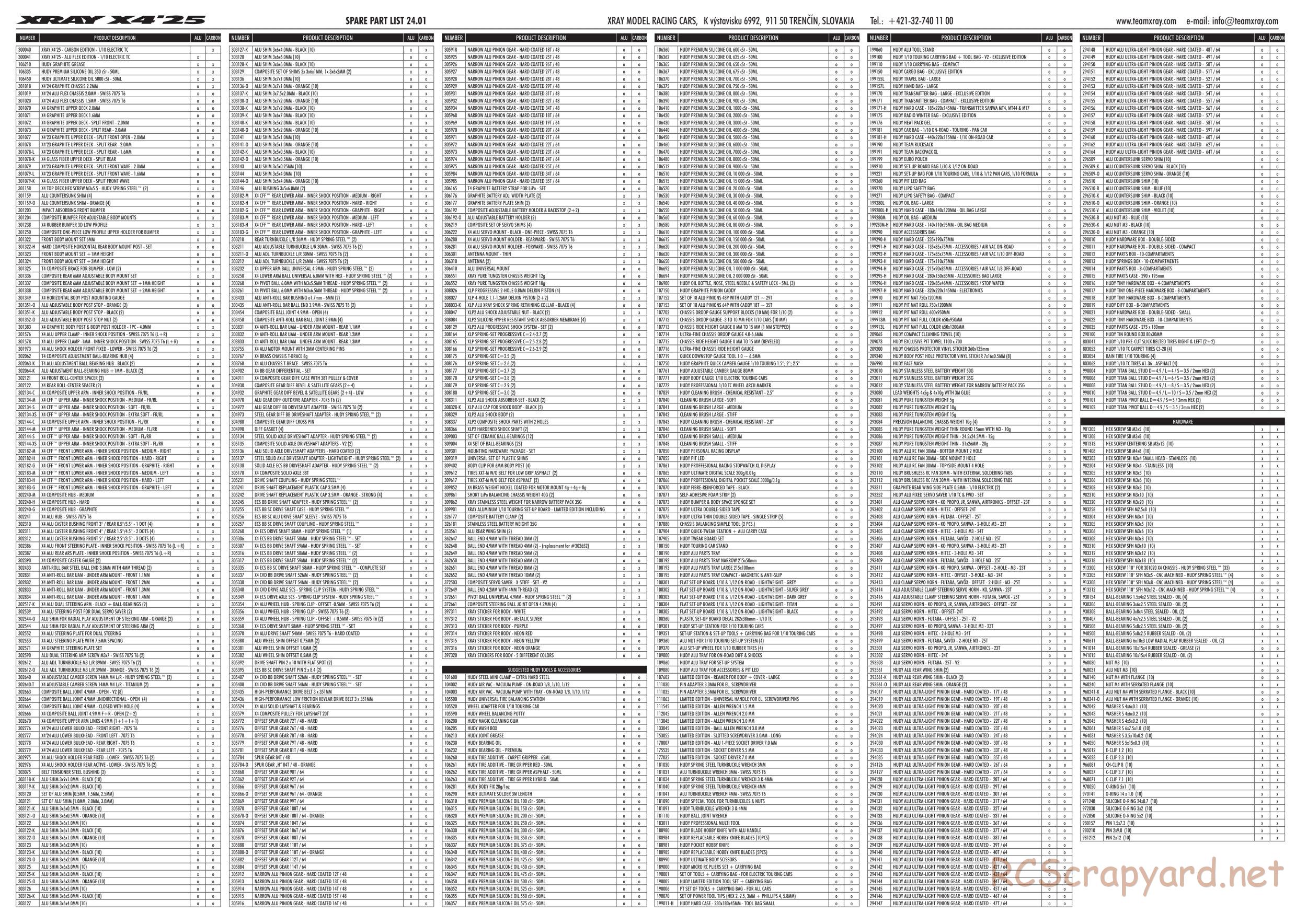 Xray - X4 2025 (X4'25) - Parts List