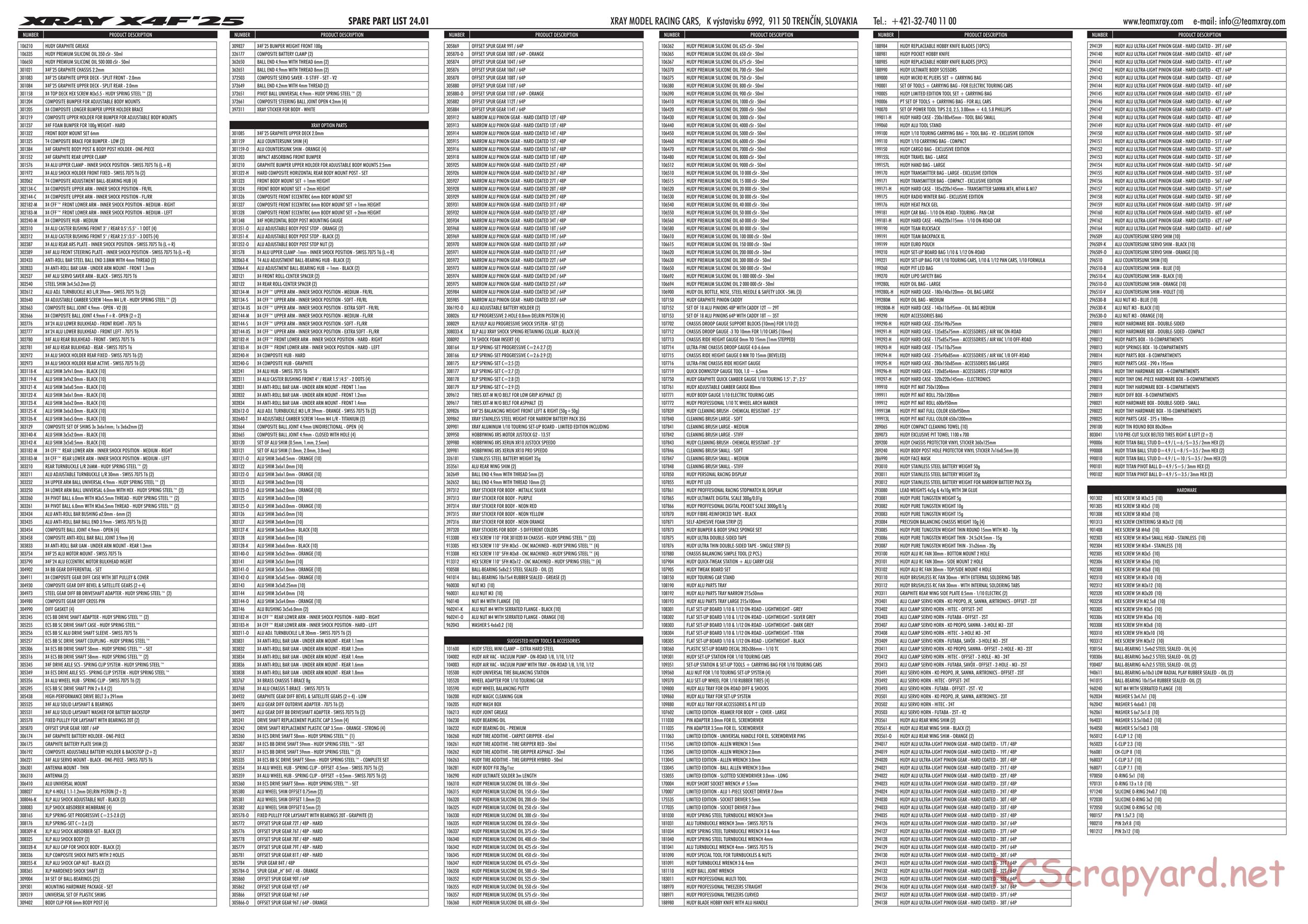 Xray - X4F 2025 (X4F'25) - Parts List