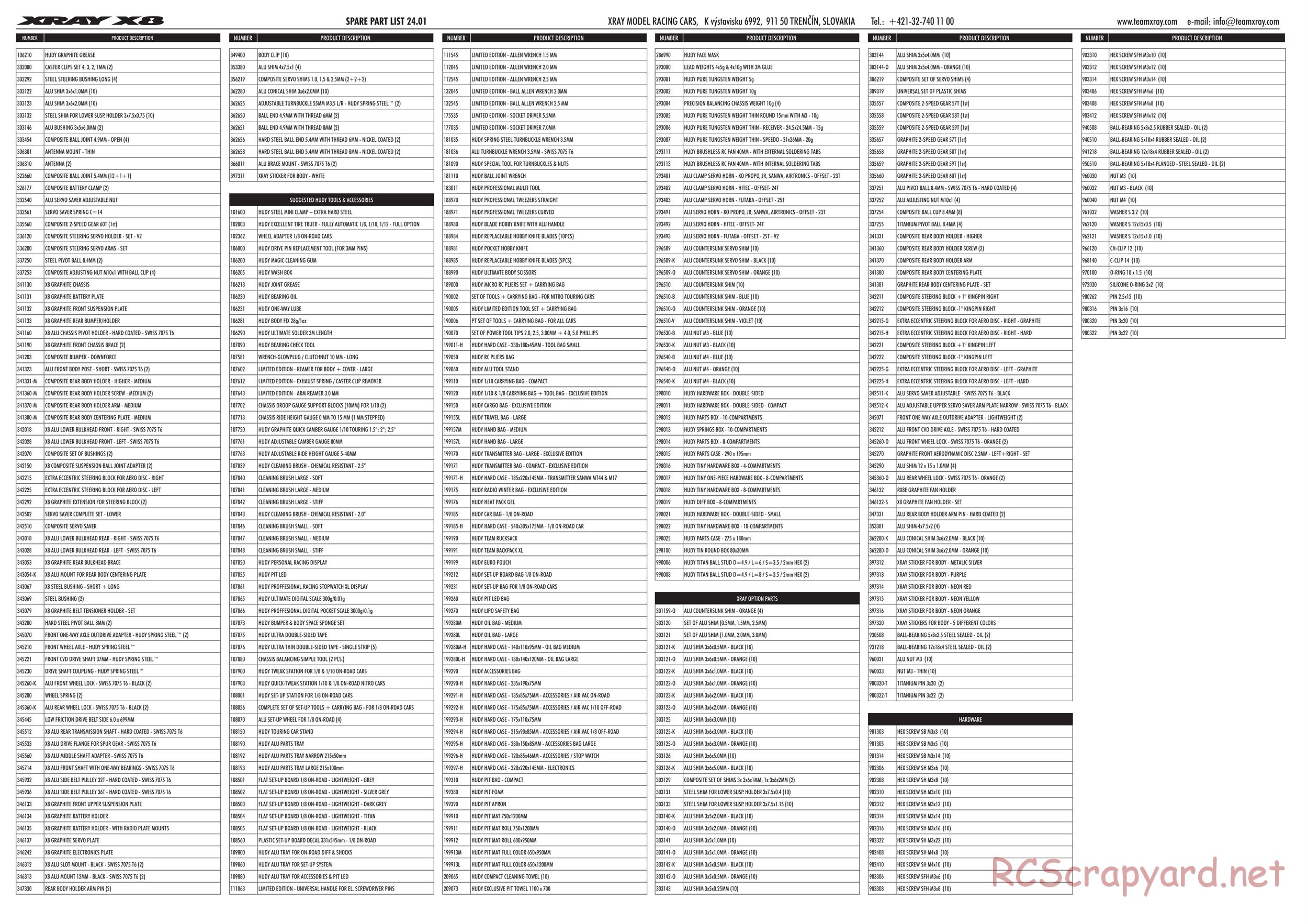 Xray - X8 2024 (X8'24) - Parts List